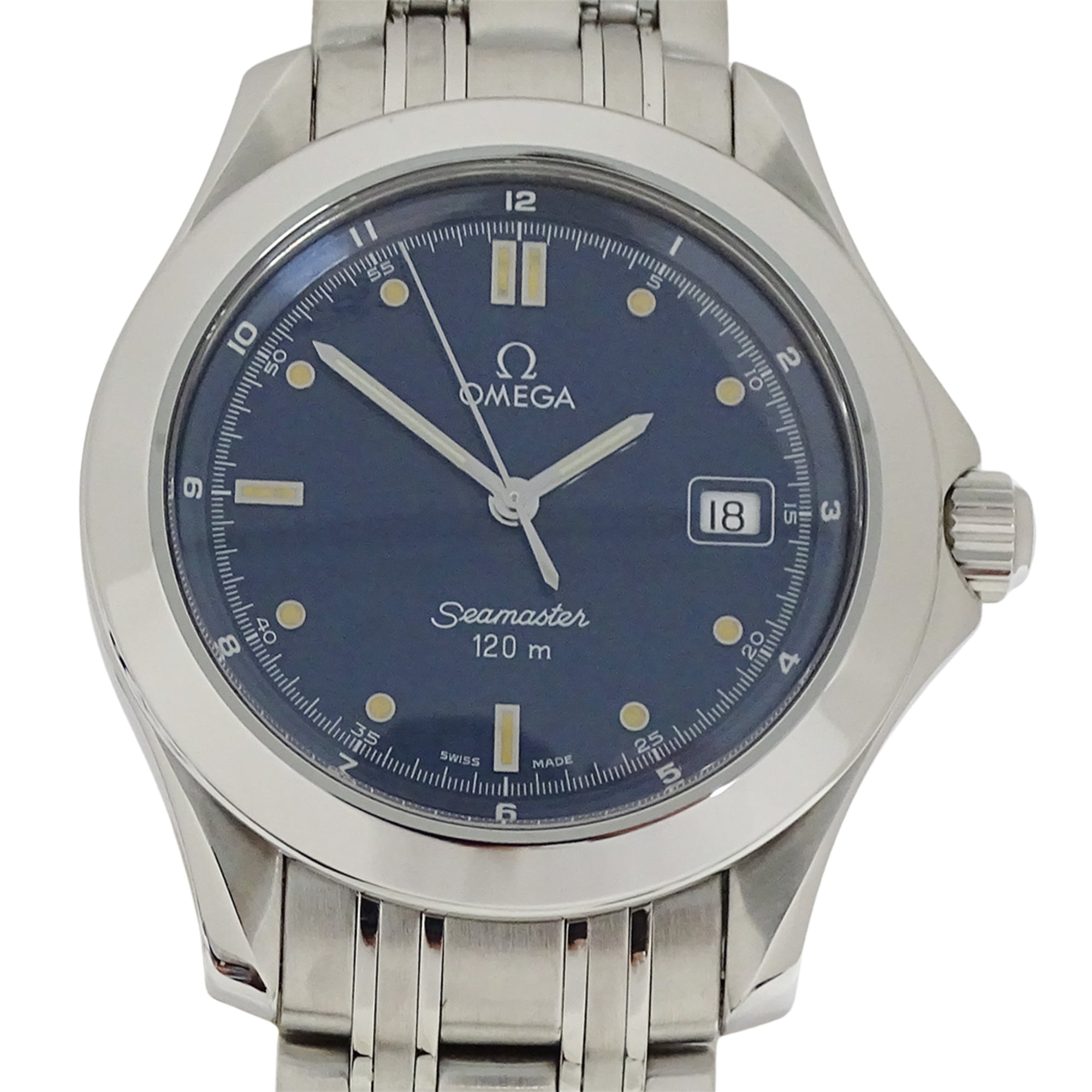 Omega Seamaster 2511.80 Brand Name 120m Water Resistant Date Display Quartz Movement Stainless Steel (SS) Silver & Blue Frame