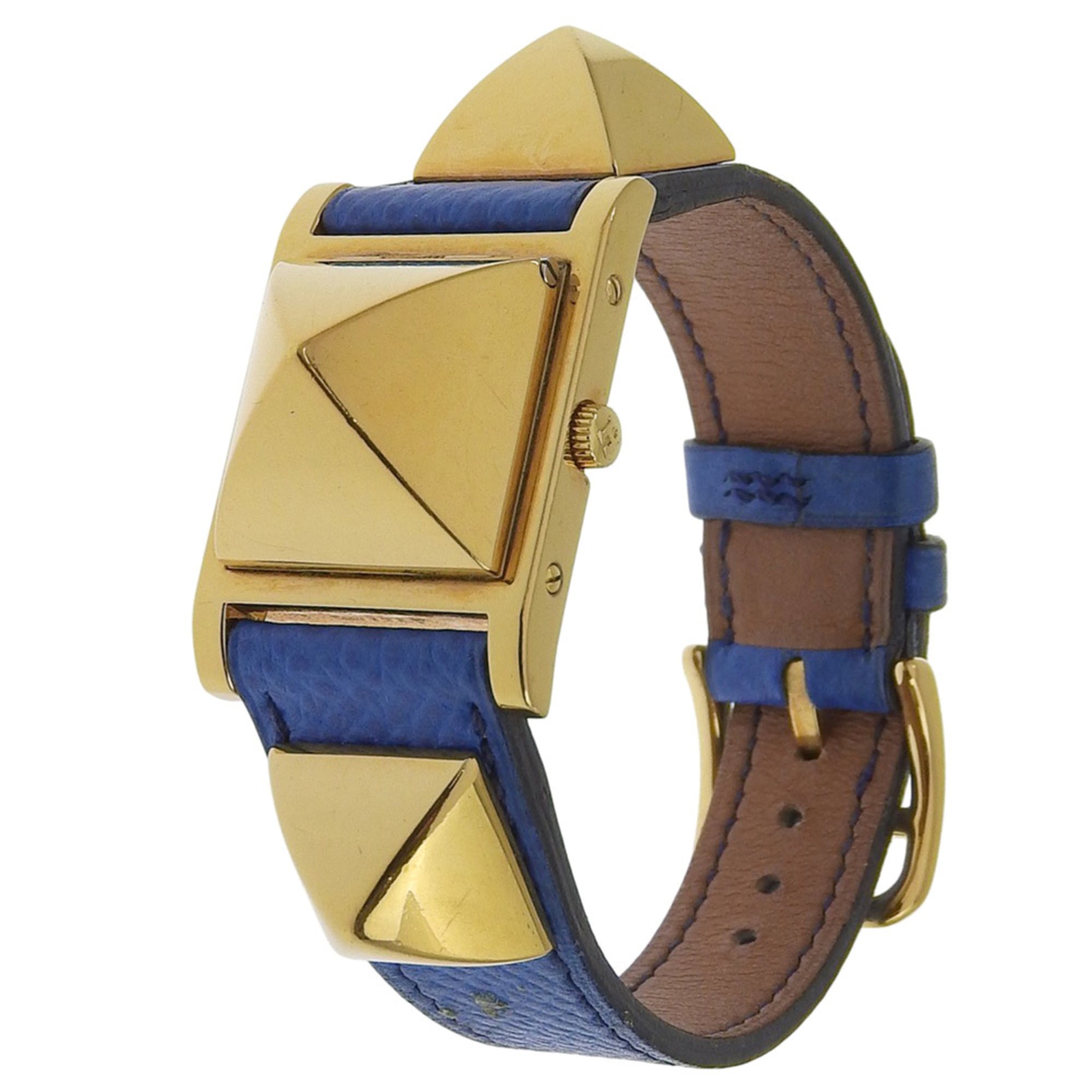 Hermes Medor watch, gold plated x leather, 1994 model, quartz, analog, white dial, women's.