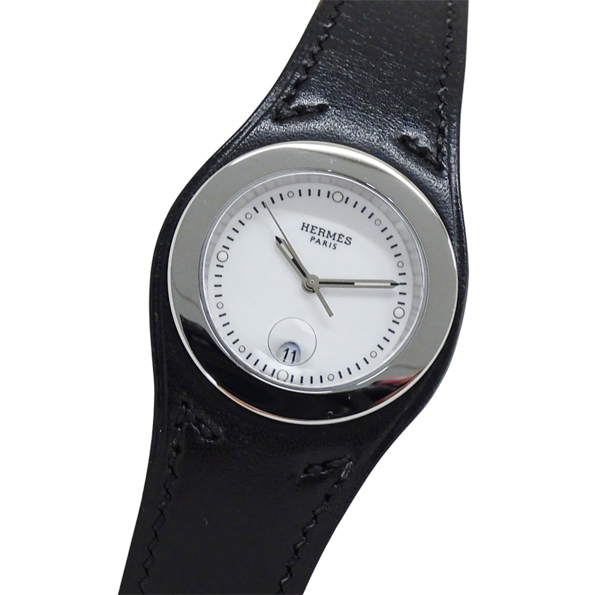 Hermes HERMES Women's Watch Brand Arce Date Quartz QZ Stainless Steel SS Leather HA3.410 White Black â–¡E