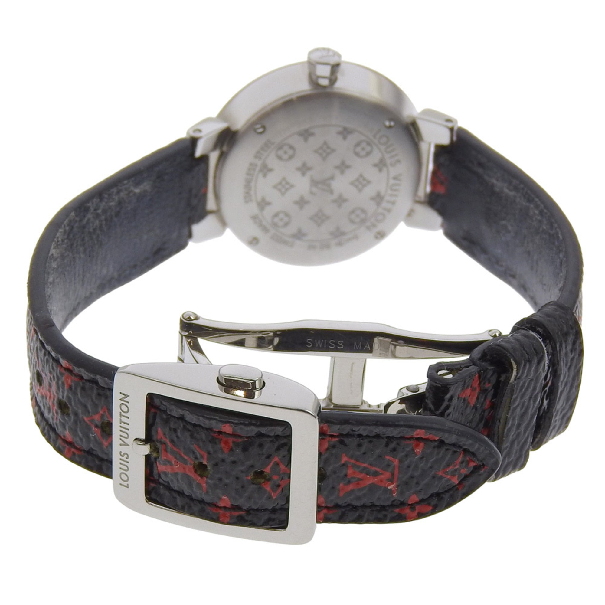 Louis Vuitton Tambour Slim-horloge, 8 diamanten, Q12MGA, roestvrij staal en leer, quartz uurwerk, analoge wijzerplaat, zilveren wijzerplaat, damesmodel