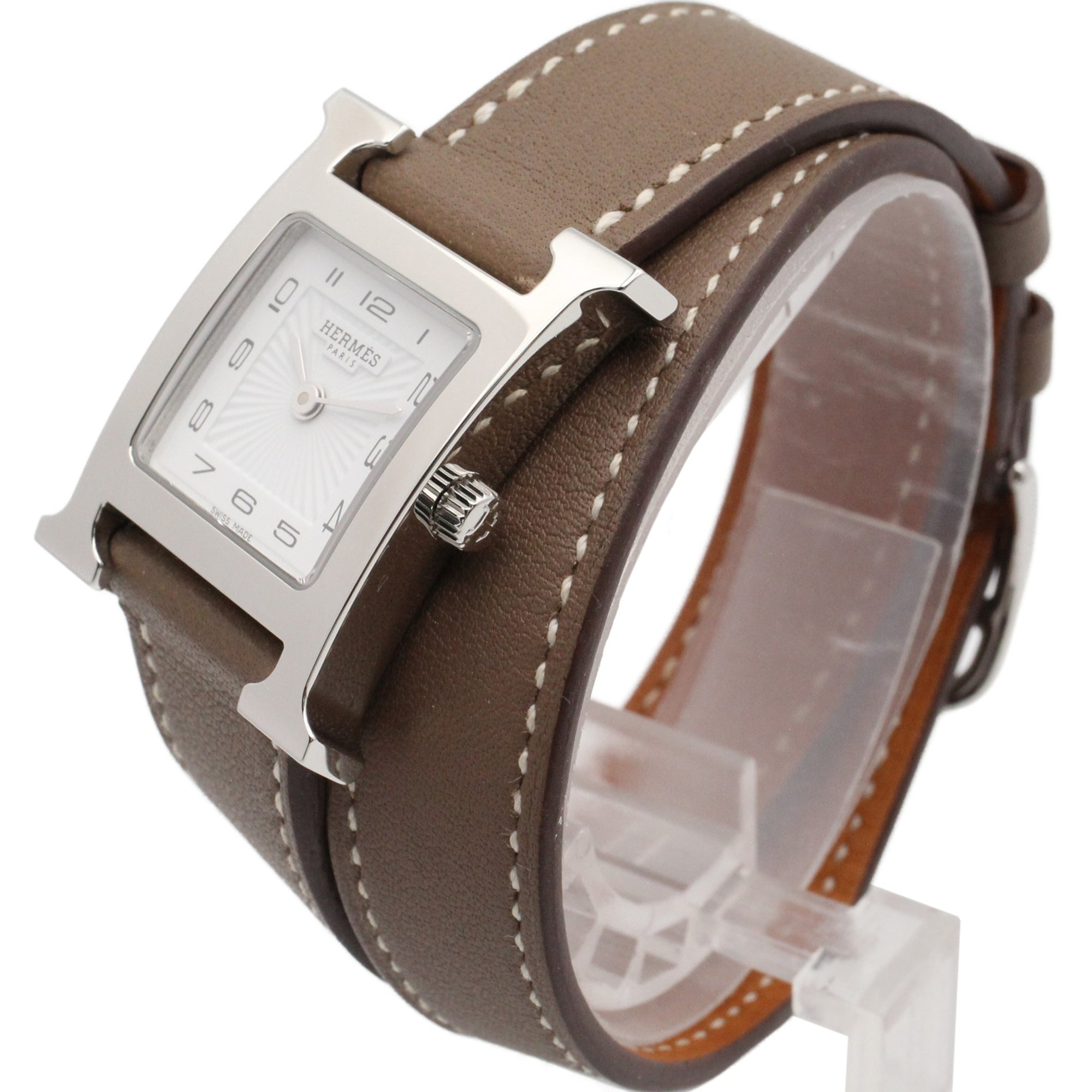 Hermes H- Double Tour Wrist Stainless Steel Leather Strap Wo White (HH1.210)