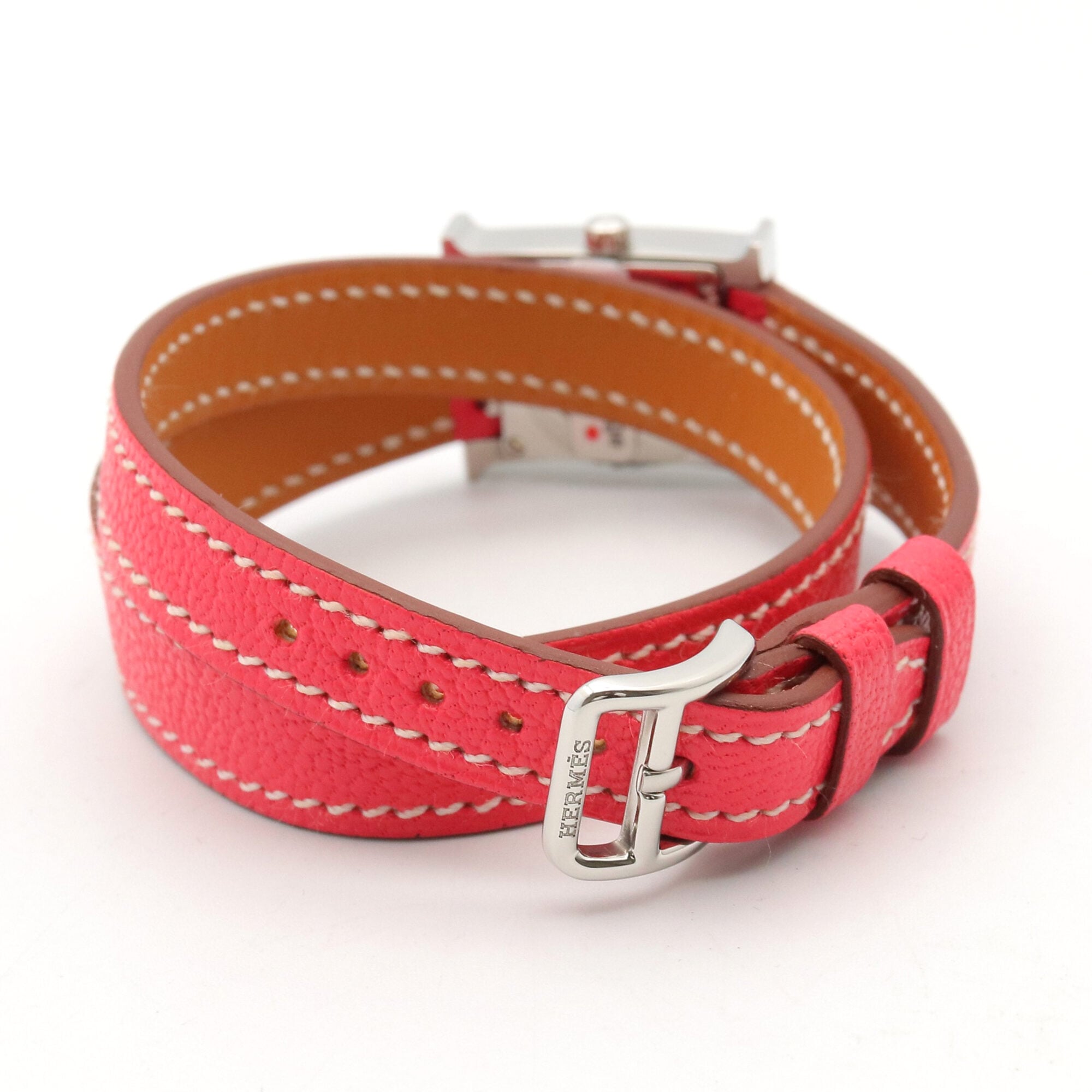 Montre-bracelet Hermès H-Watch Mini Double Tour, acier inoxydable, bracelet en cuir, pour femme, Blanc (HH1.110)