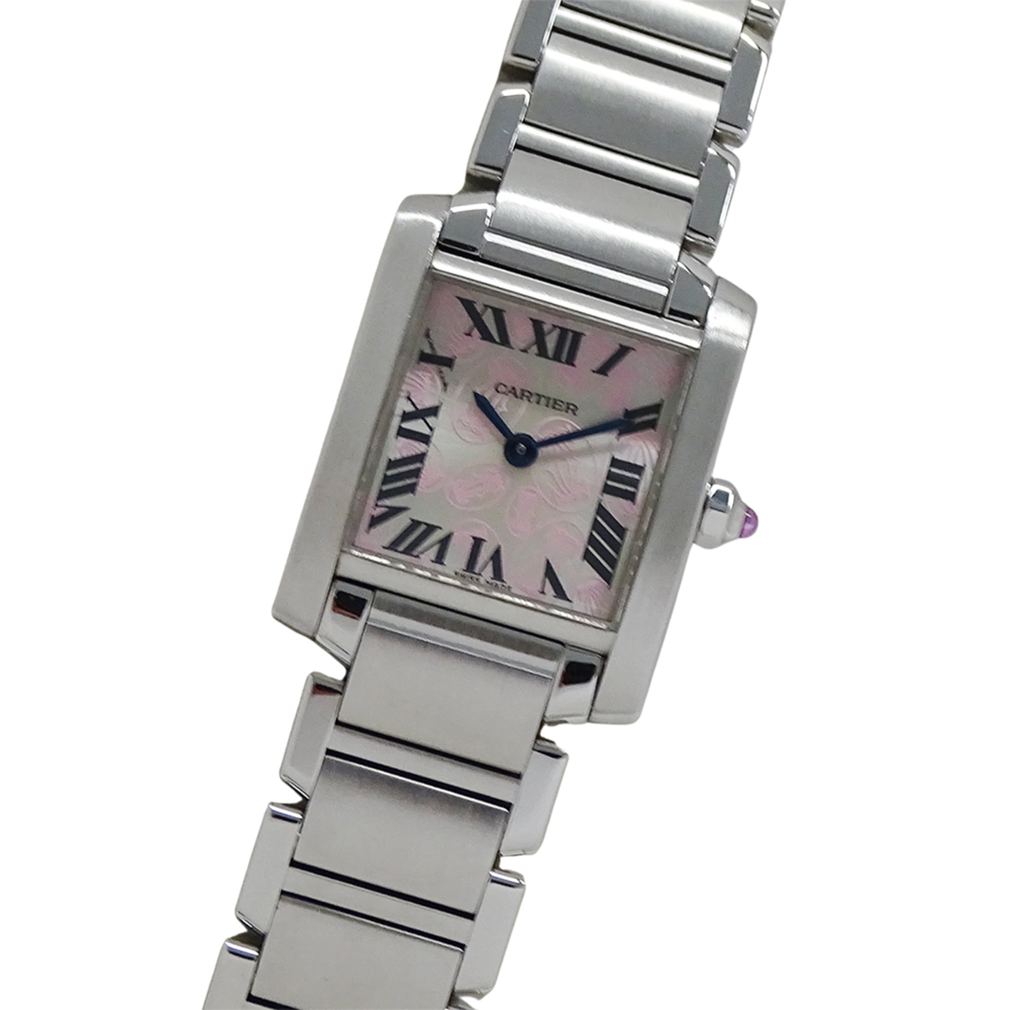 Cartier women's watch, Tank FranÃ§aise SM, 2006 Christmas limited edition, quartz movement, stainless steel (SS), W51031Q3, silver and pink.