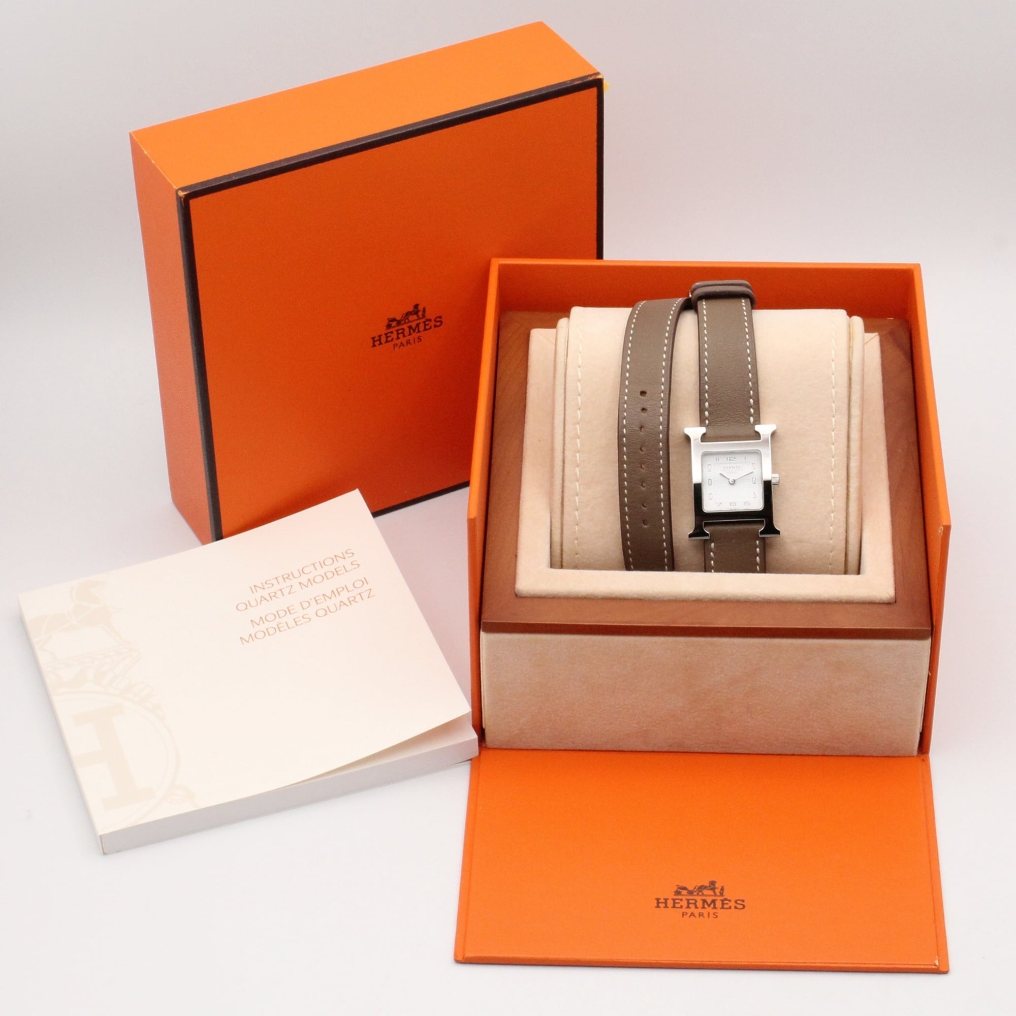 Hermes H- Double Tour Wrist Stainless Steel Leather Strap Wo White (HH1.210)