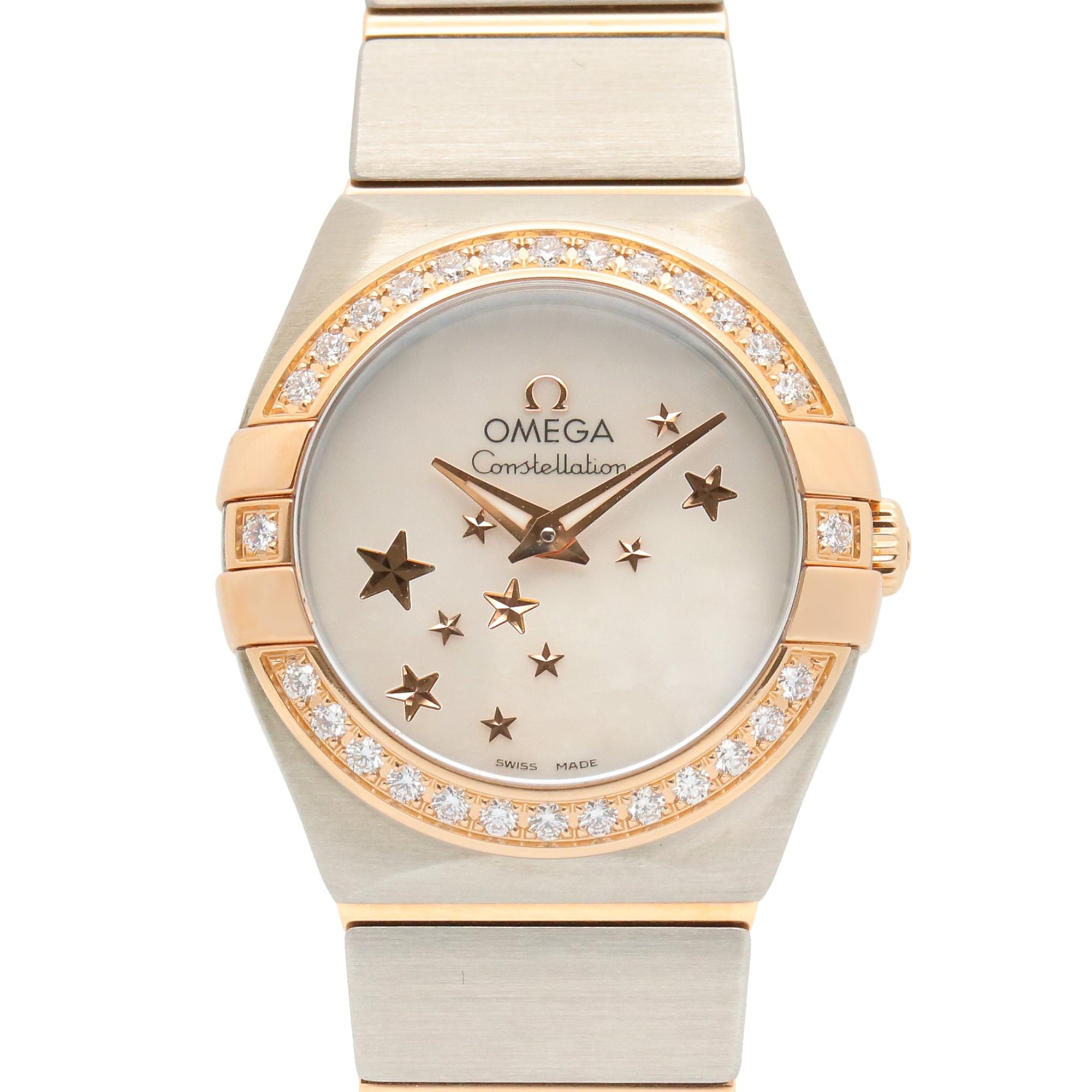 Omega Constellation Star Blue Diamond Bezel Watch, 18K Pink Gold (PG) Stainless Steel, Diamond, Ladies', White/White Mother-of-Pearl, 123.25.24.60.05.002