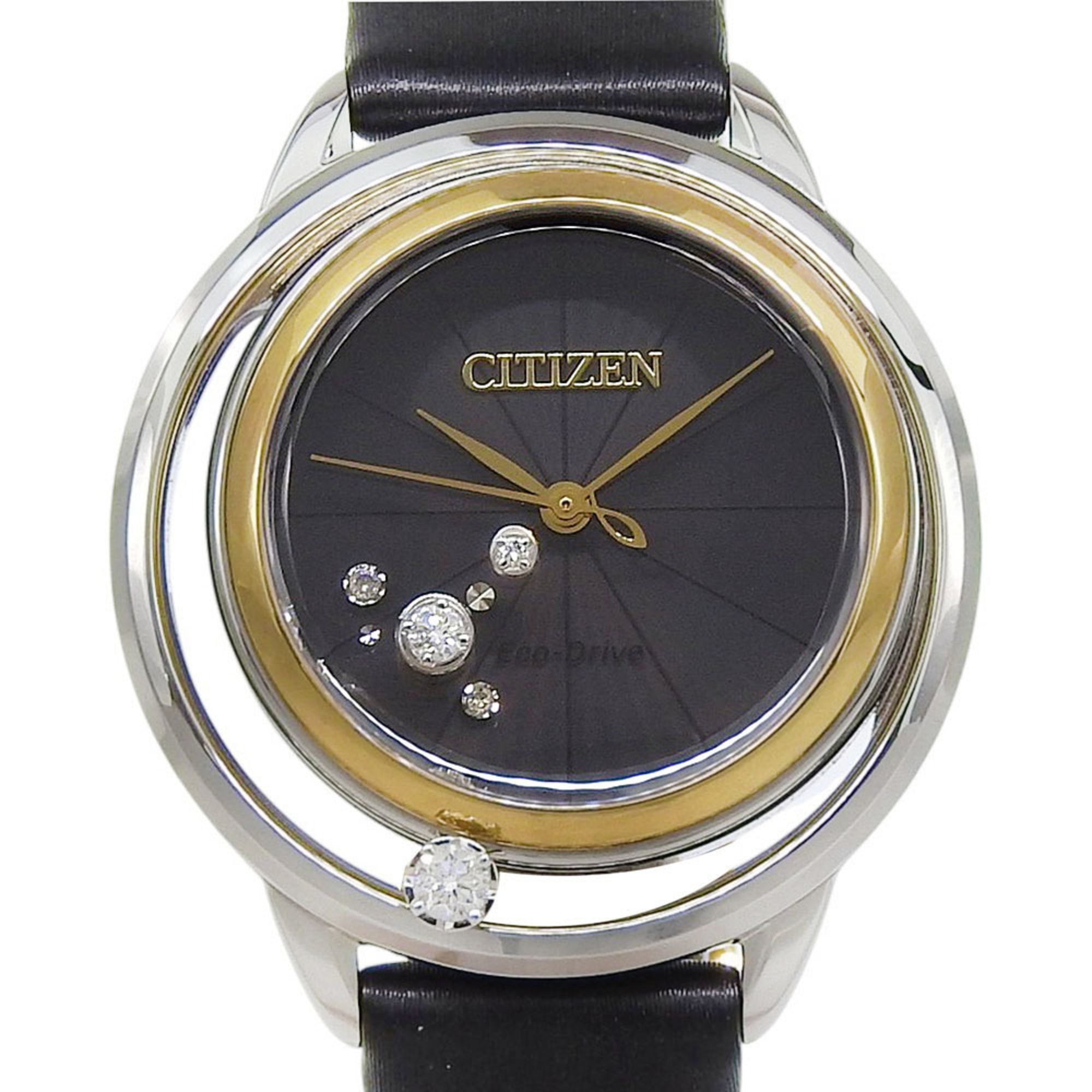 Citizen B036 S112052 Women's Watch, Black Dial, 3 Hands, 5 Diamonds, Stainless Steel, Leather Strap, Eco-Drive, Approx. 32mm