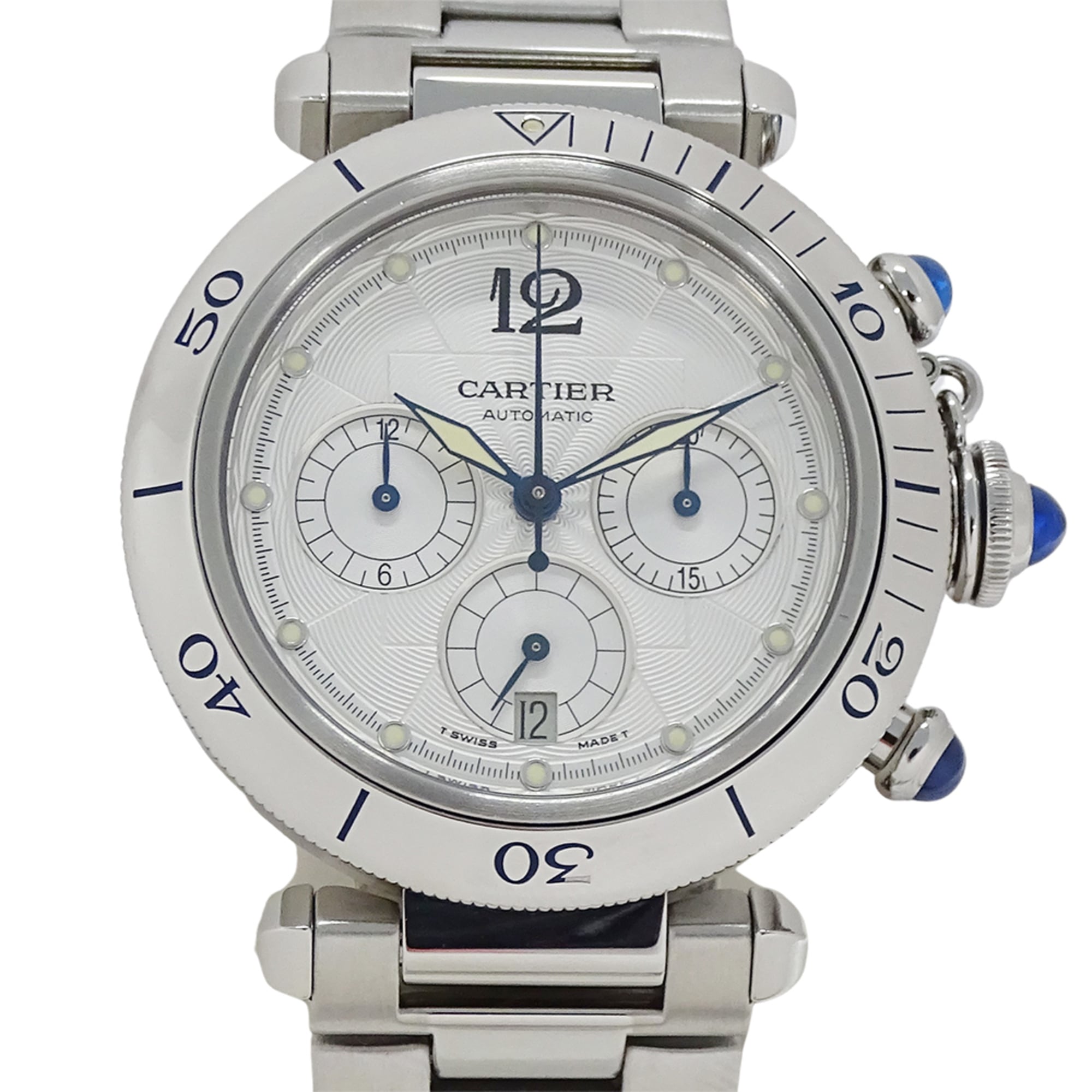Cartier Pasha Chronograph Automatic Watch for Men, Stainless Steel (SS) W31030H3, Silver, with Open Caseback.
