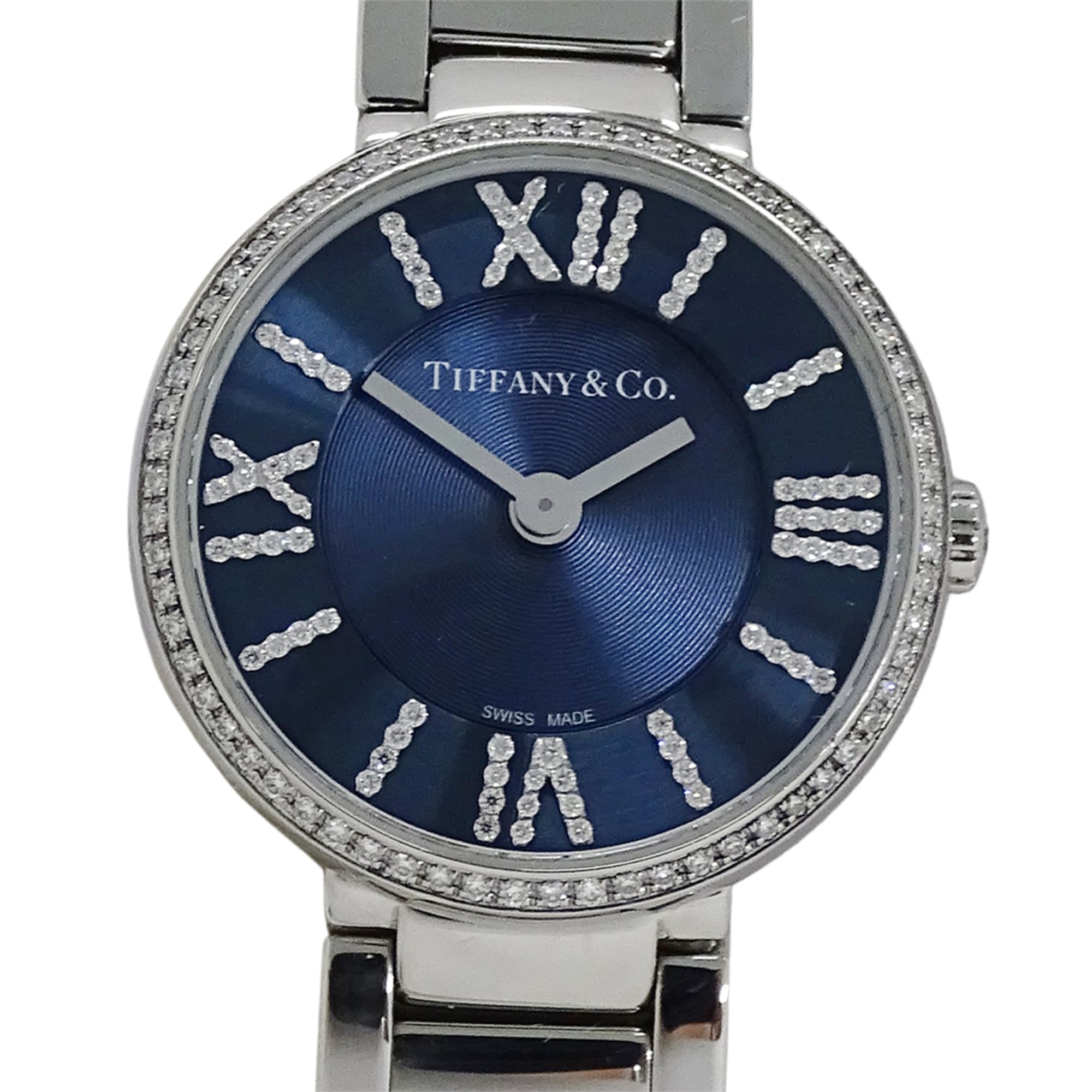 Tiffany & Co. Women's Atlas Diamond Quartz Watch, Stainless Steel (SS), Silver/Navy, 69291651, Polished.