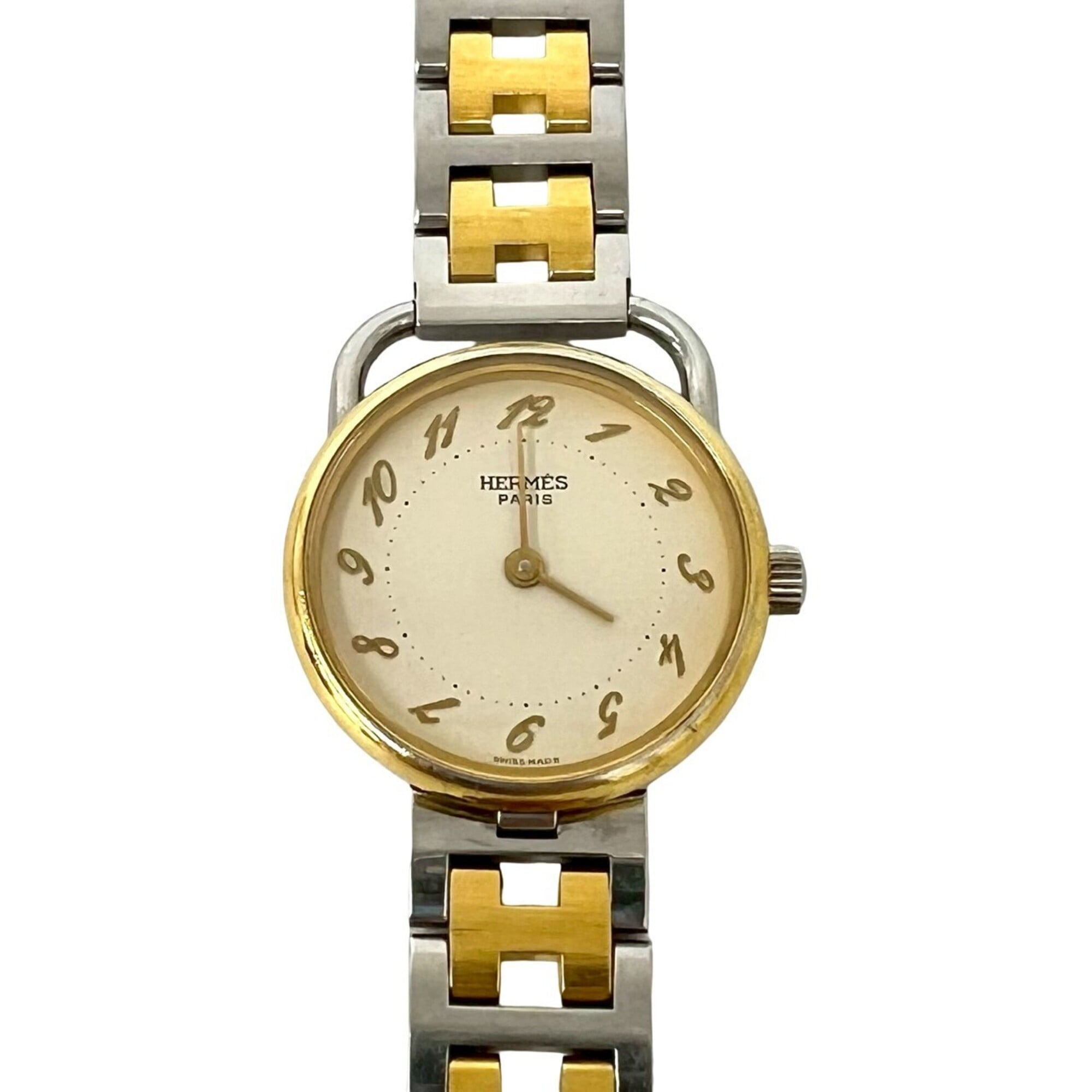 HERMES Arceau H Logo Belt Stainless Steel GP Quartz Wristwatch Silver Gold 34591