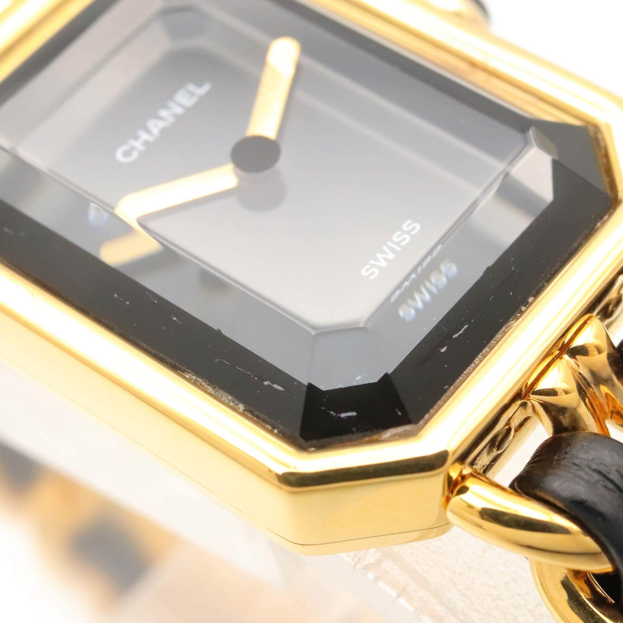 Montre Chanel CHANEL Première S, plaquée or (GP), bracelet en cuir, pour femme, Noir, H0001