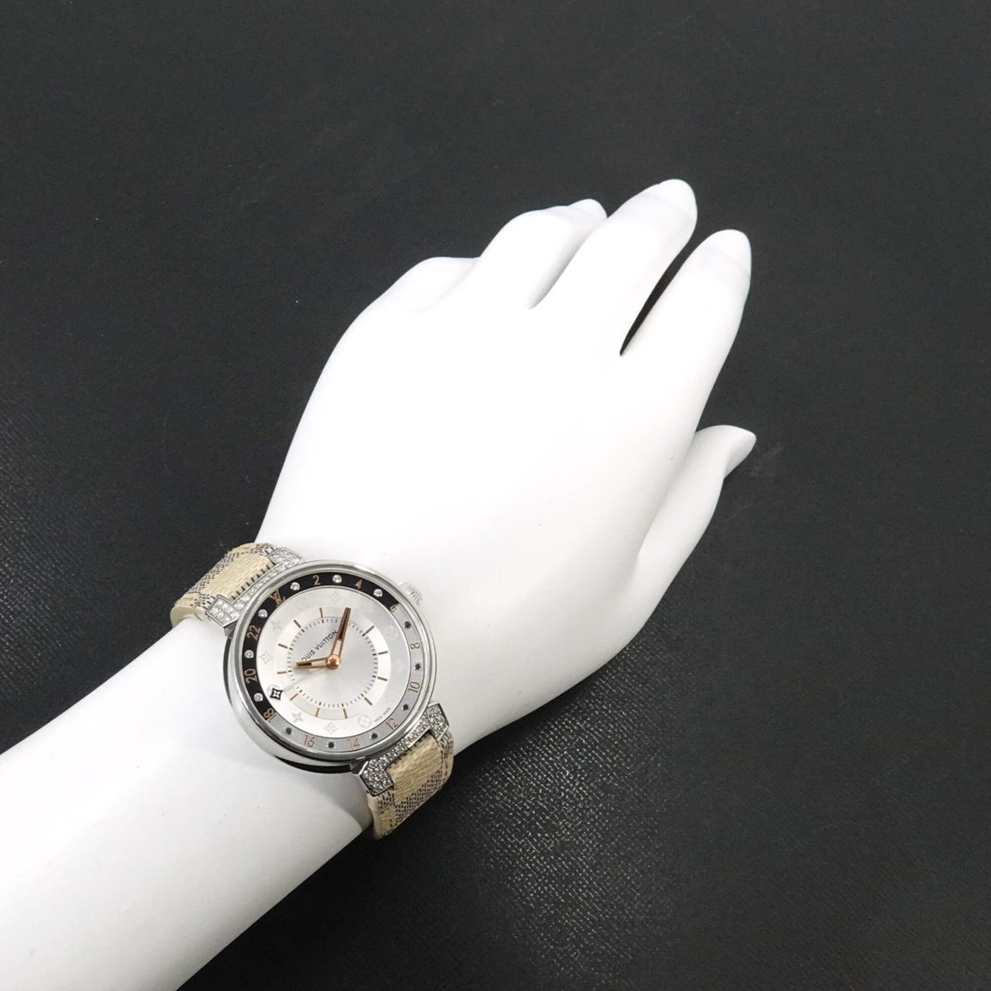 Louis Vuitton Tambour Moon Dual Time MM GMT QA108 Ladies' with 12 Diamond Lugs Black Diamonds Silver Quartz Movement.
