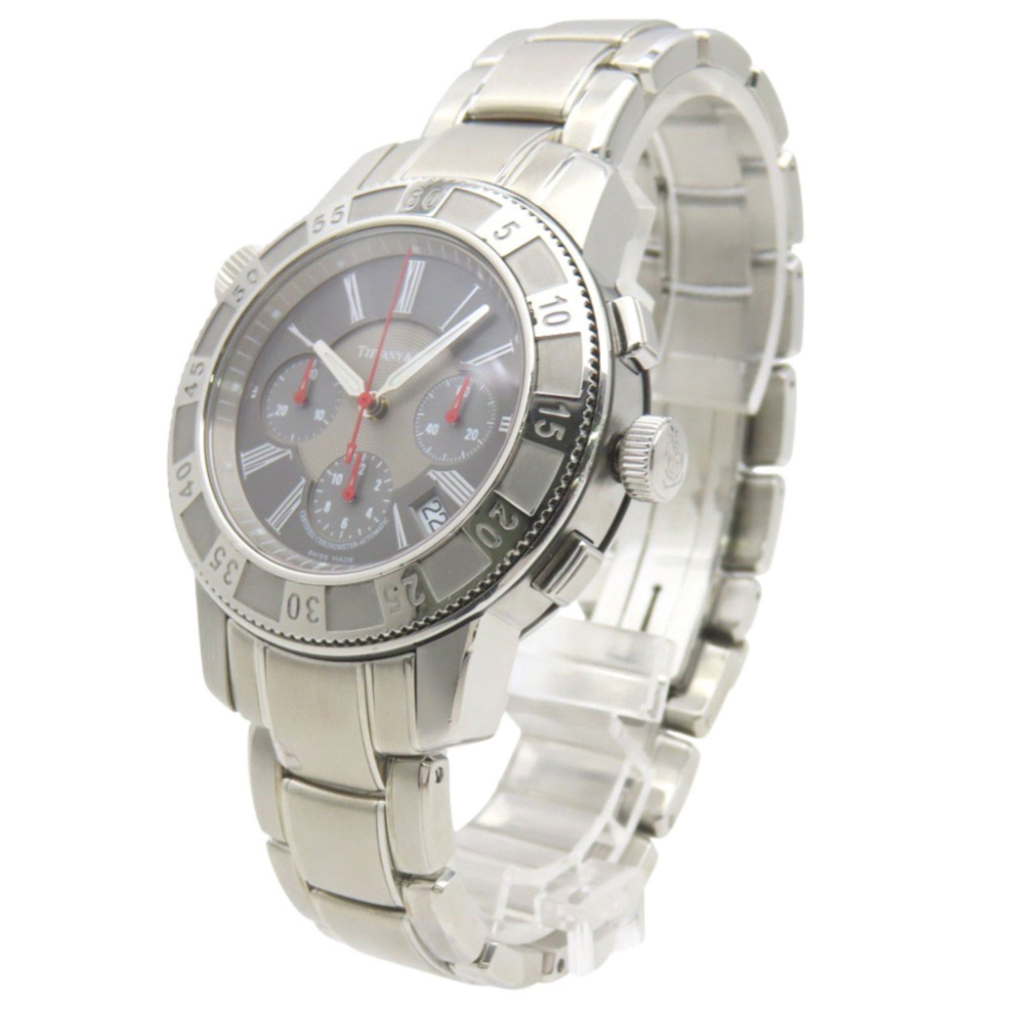 Tiffany & Co. T-57 Chronograph Watch with See-Through Back, Automatic, Stainless Steel, Gray, 0201, TIFFANY Co., Men's