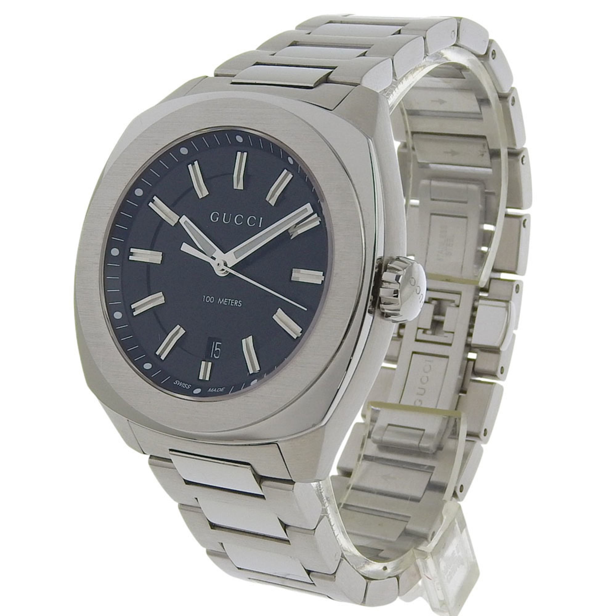 Gucci Date 100m YA142201 142 2 Black Dial Stainless Steel Quartz Watch with Battery, 43mm Men's