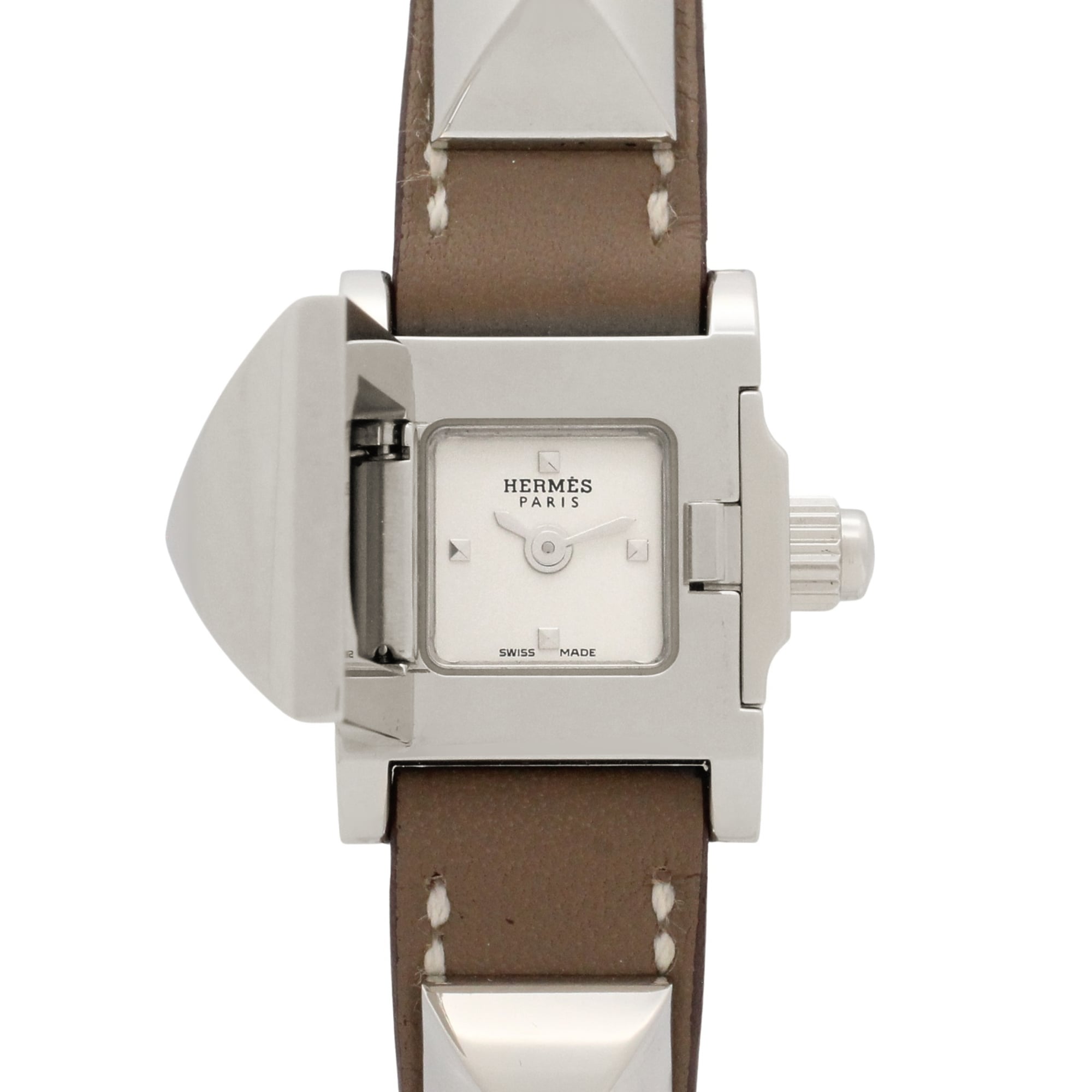 Hermes Mini Medor Stainless Steel Leather Strap Wo Silver Tone ME2.110