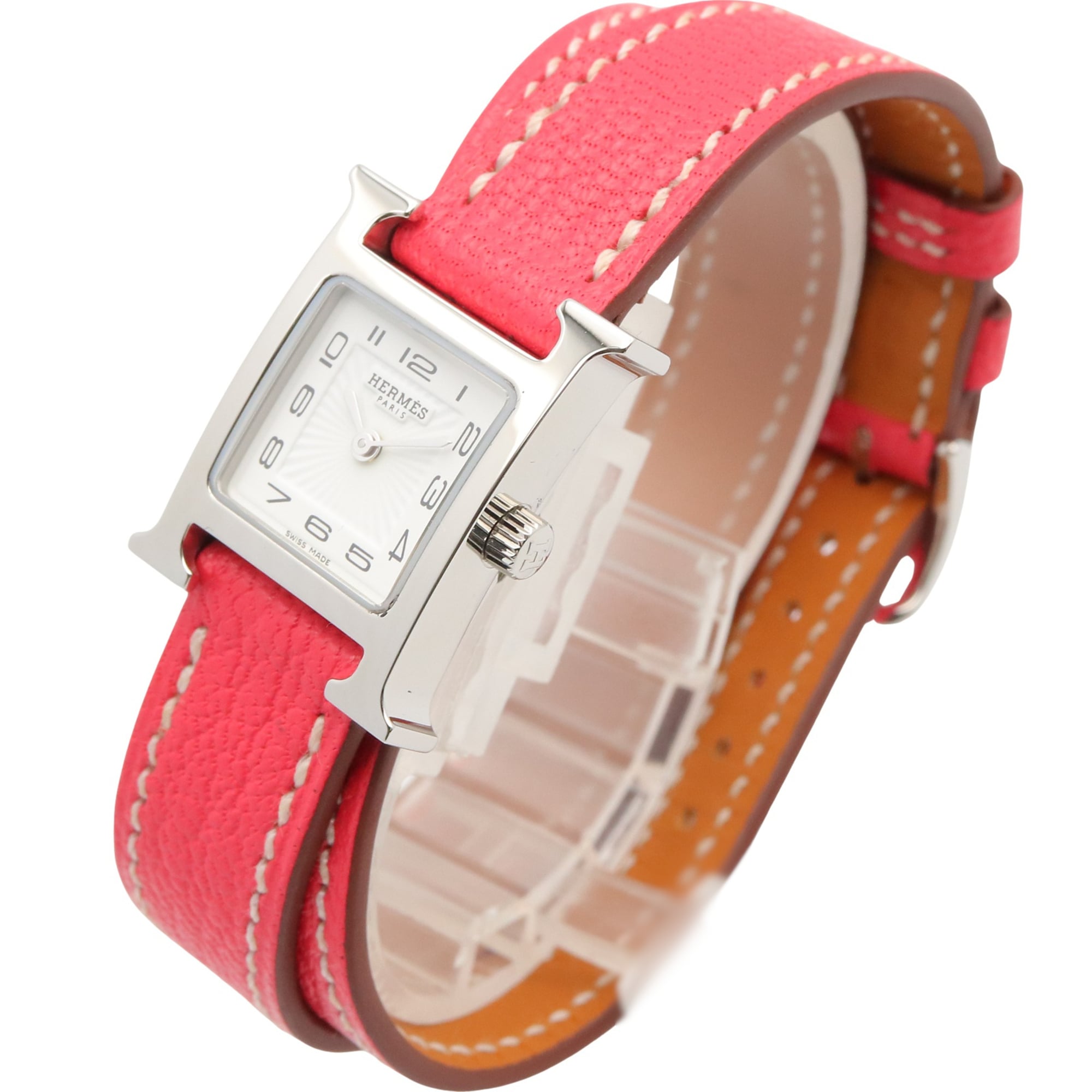 Hermes H-Watch Mini Double Tour Wristwatch, Stainless Steel, Leather Strap, Women's, White (HH1.110)