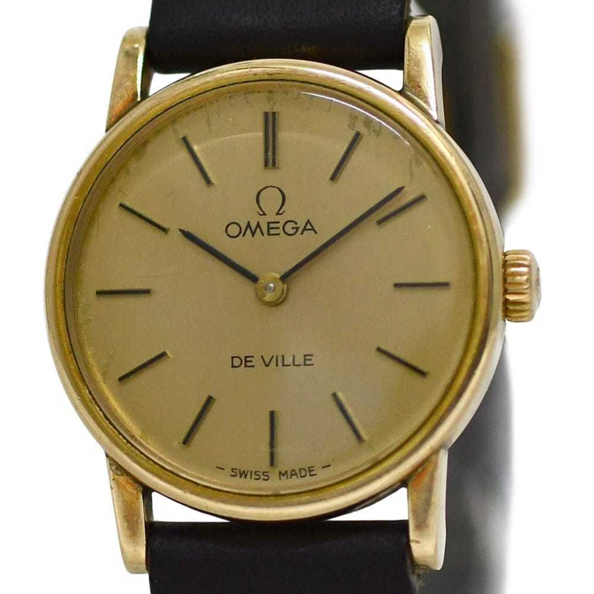 Omega De Ville Watch f-25030 Gold Black Women's SS Leather Manual Winding OMEGA Dial Analog Stainless Steel