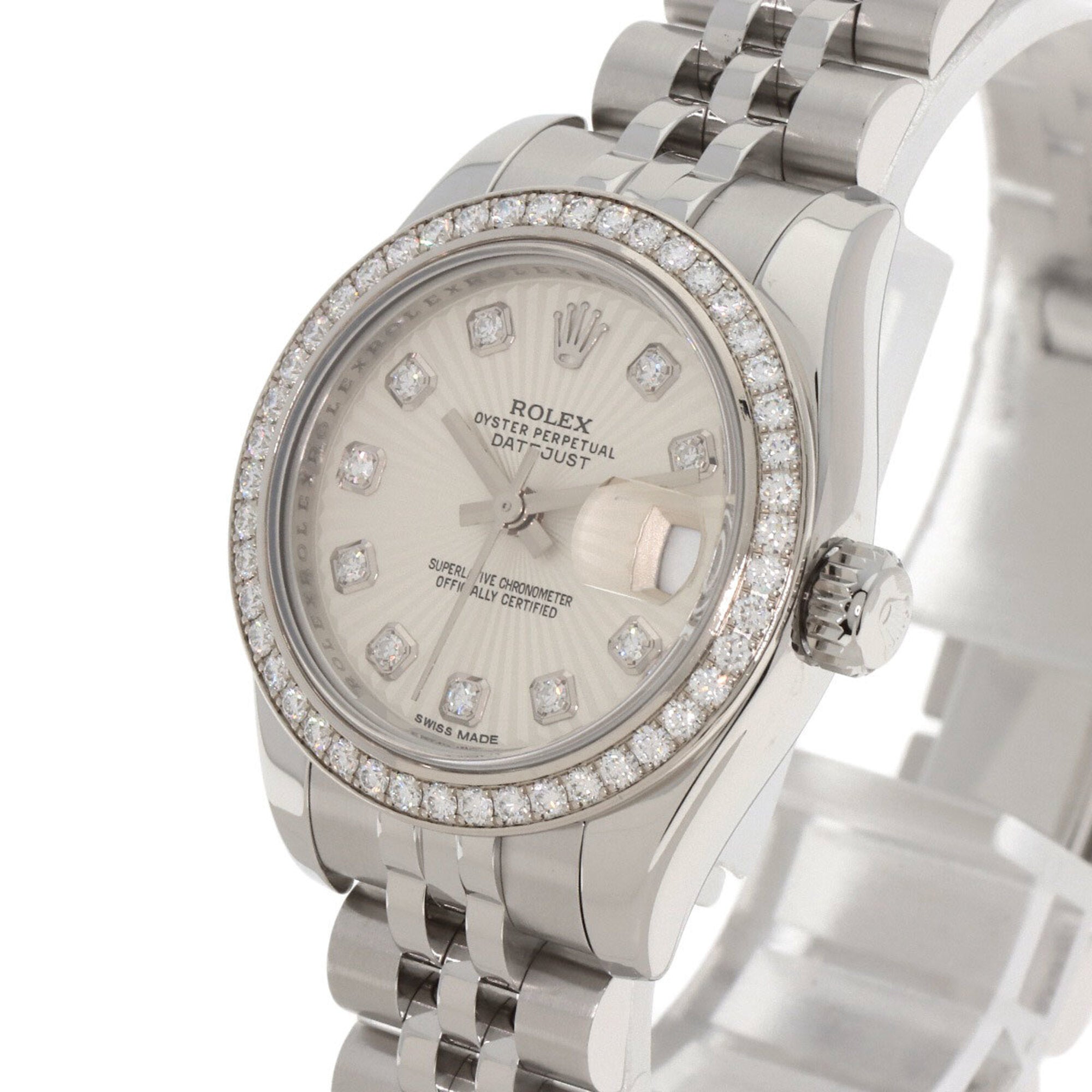 Rolex 179384G Datejust mit 10-teiliger Diamantlünette aus Edelstahl/SS/18 Karat Weißgold mit Diamanten, Damenuhr