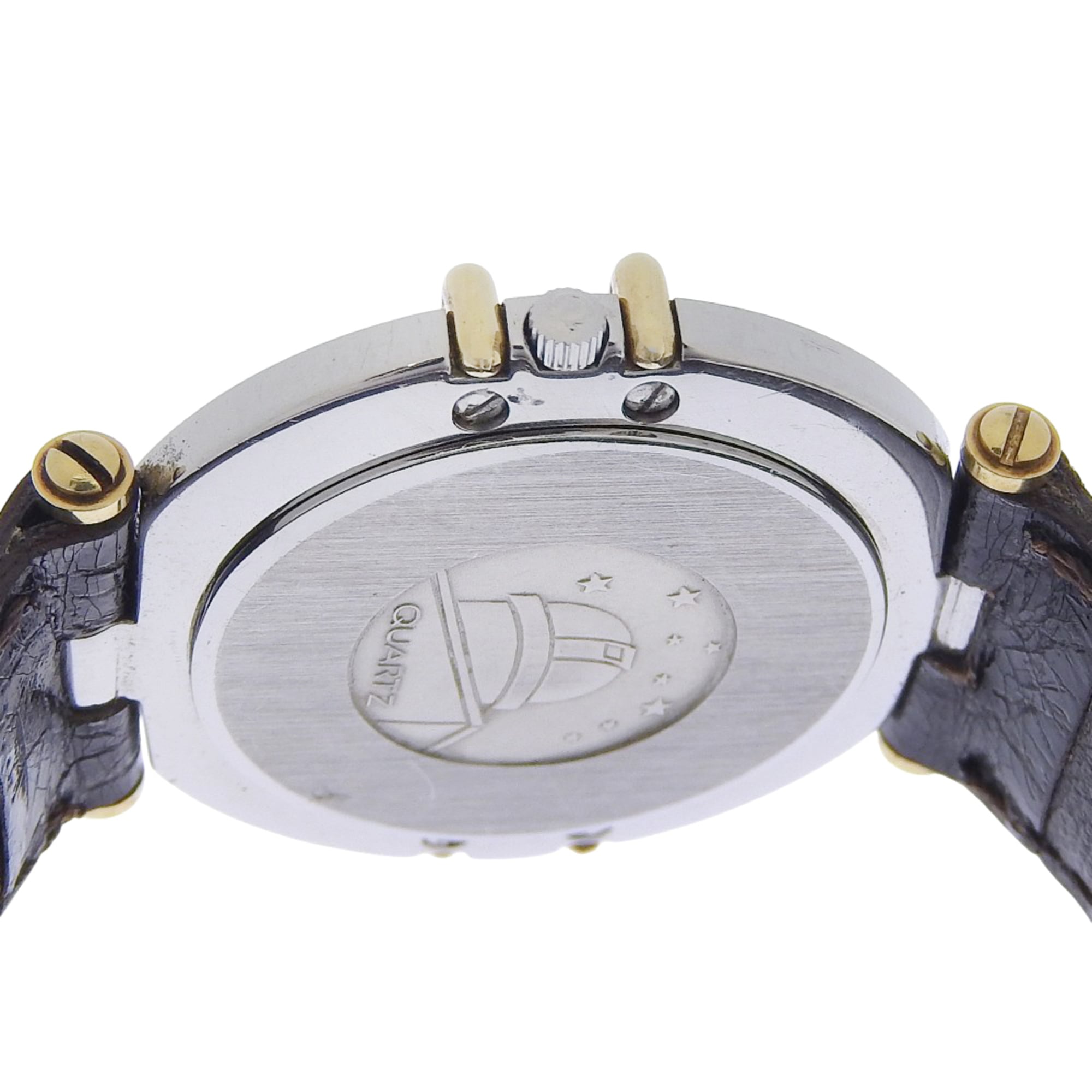 OMEGA Constellation Damenuhr, Edelstahl und Leder, QuarzUhrwerk, analoge Anzeige, goldenes Zifferblatt