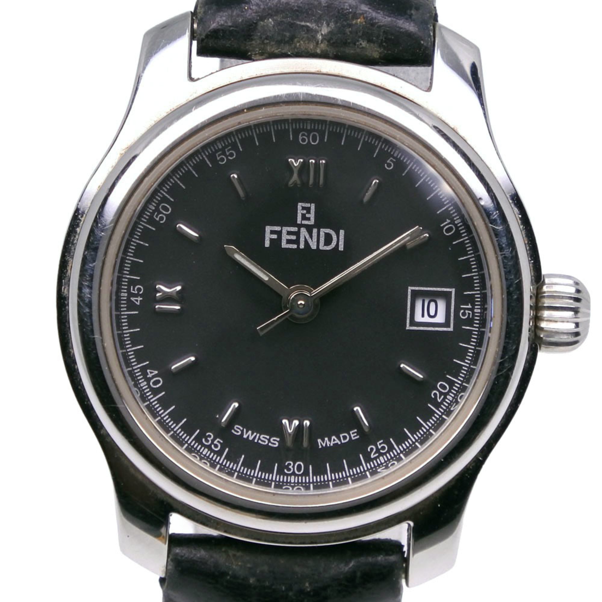 Fendi Olologi Women's Watch, 210L Stainless Steel x Leather Strap, Quartz Analog, Black Dial, Women's.