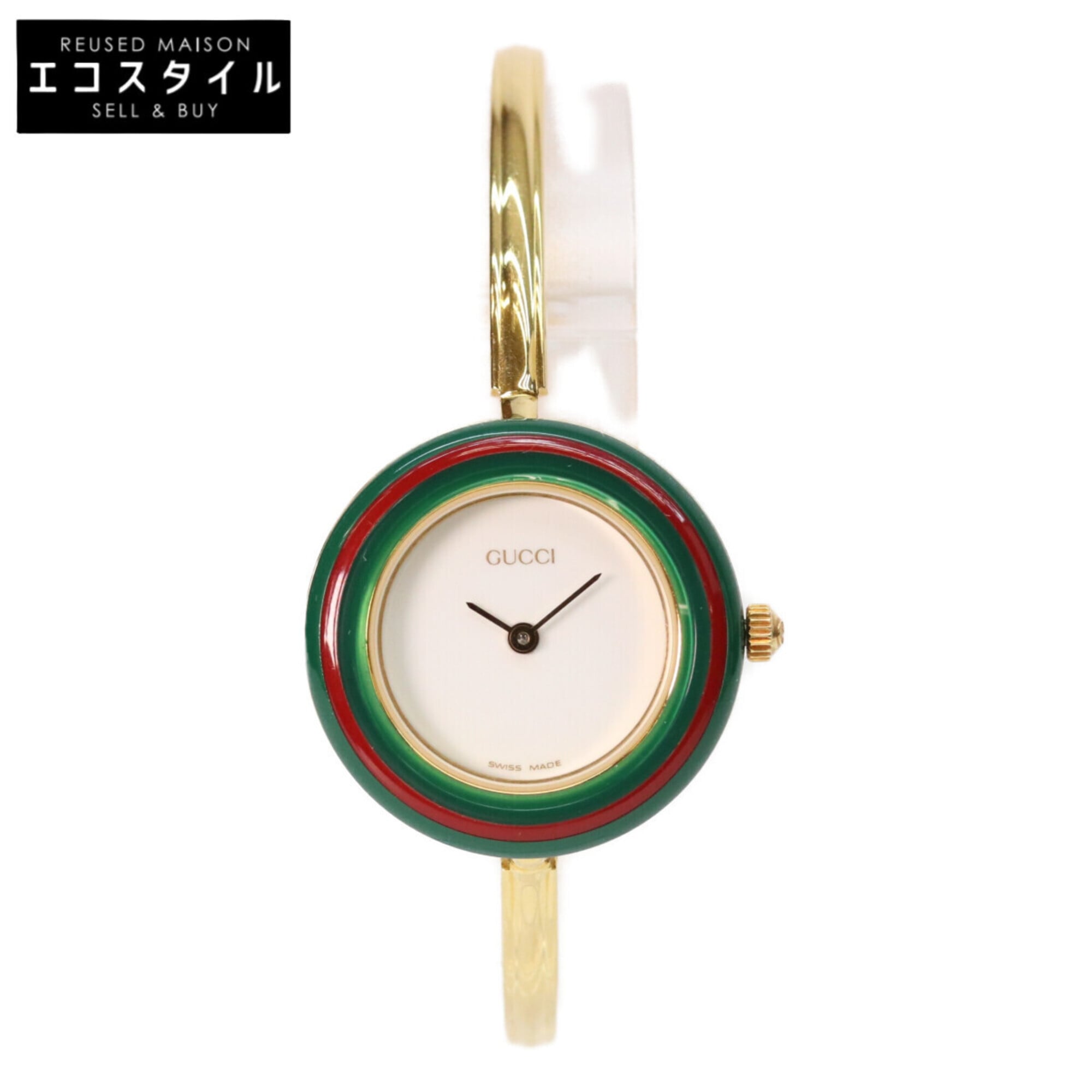 GUCCI 1100L 11 12.2 Change Bezel Bangle Watch, Medium Size, Quartz, Gold, White Dial, Women's Watch