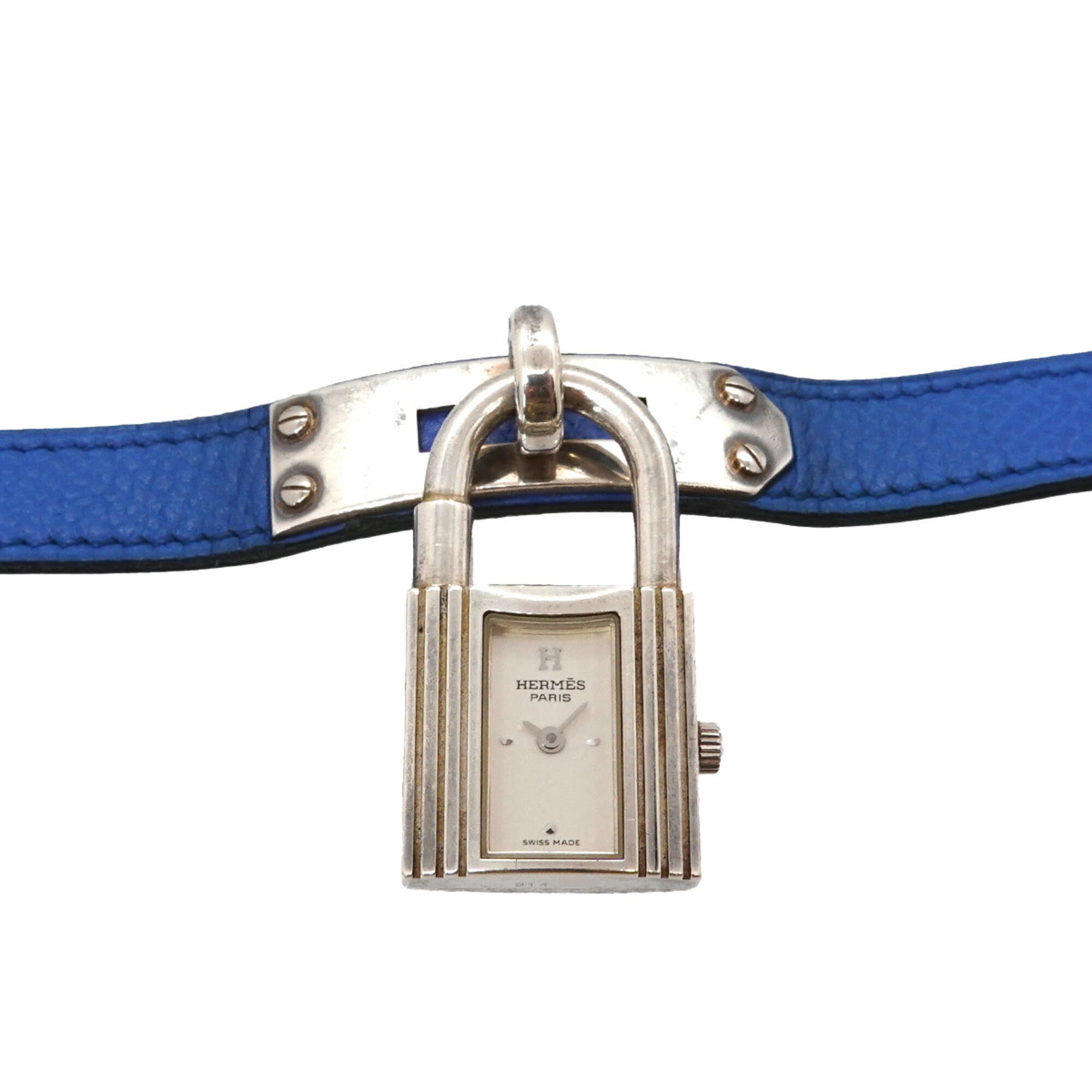 Hermes Kelly Watch, Ladies' Wristwatch, Silver SV925, Blue Leather Strap, Quartz Padlock.