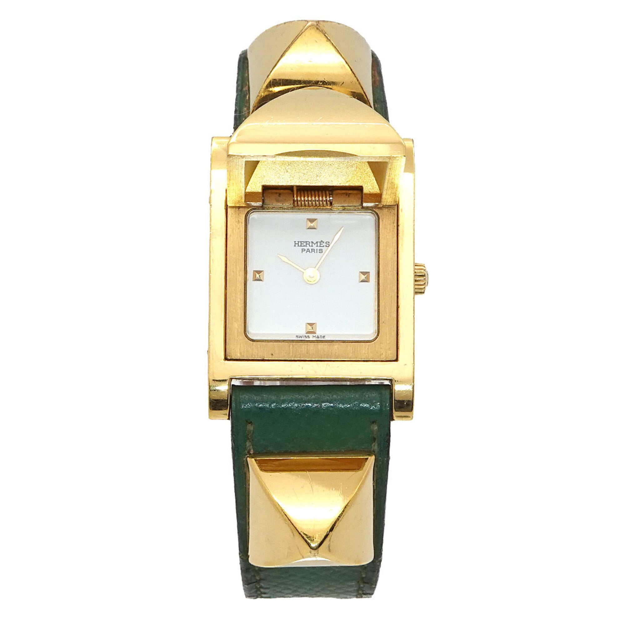 Hermes Medor Women's Watch, Pyramid Design, Gold Studs, White and Green Leather Strap, Quartz Movement.