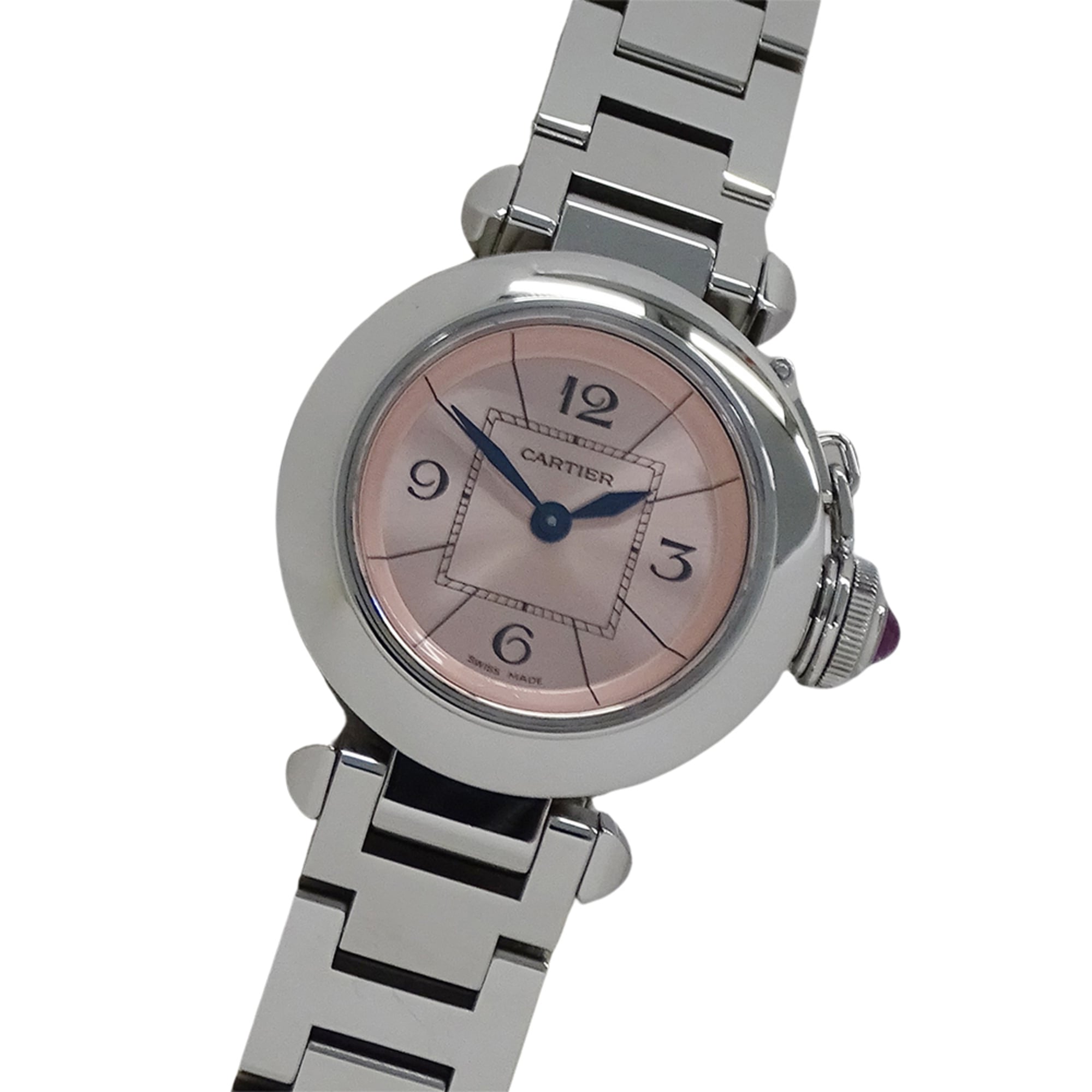 Cartier Miss Pasha Quartz Watch for Women, Stainless Steel (SS) W3140008, Silver/Pink Round Case.