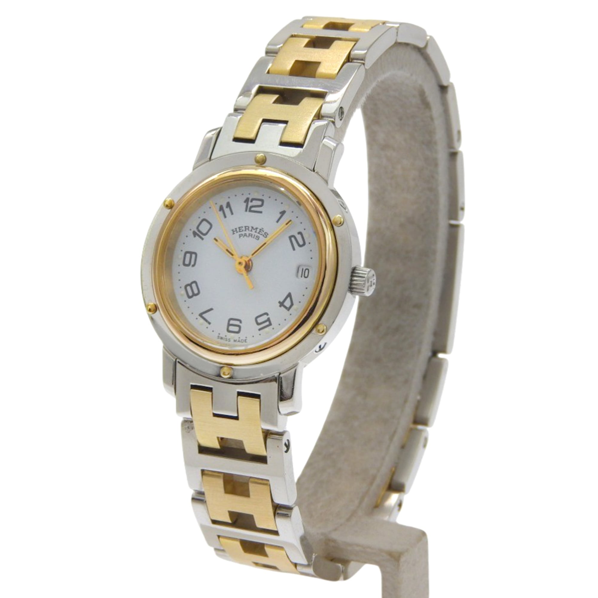 Hermes Clipper watch CL3.240, stainless steel, quartz, analog, white dial, women's.