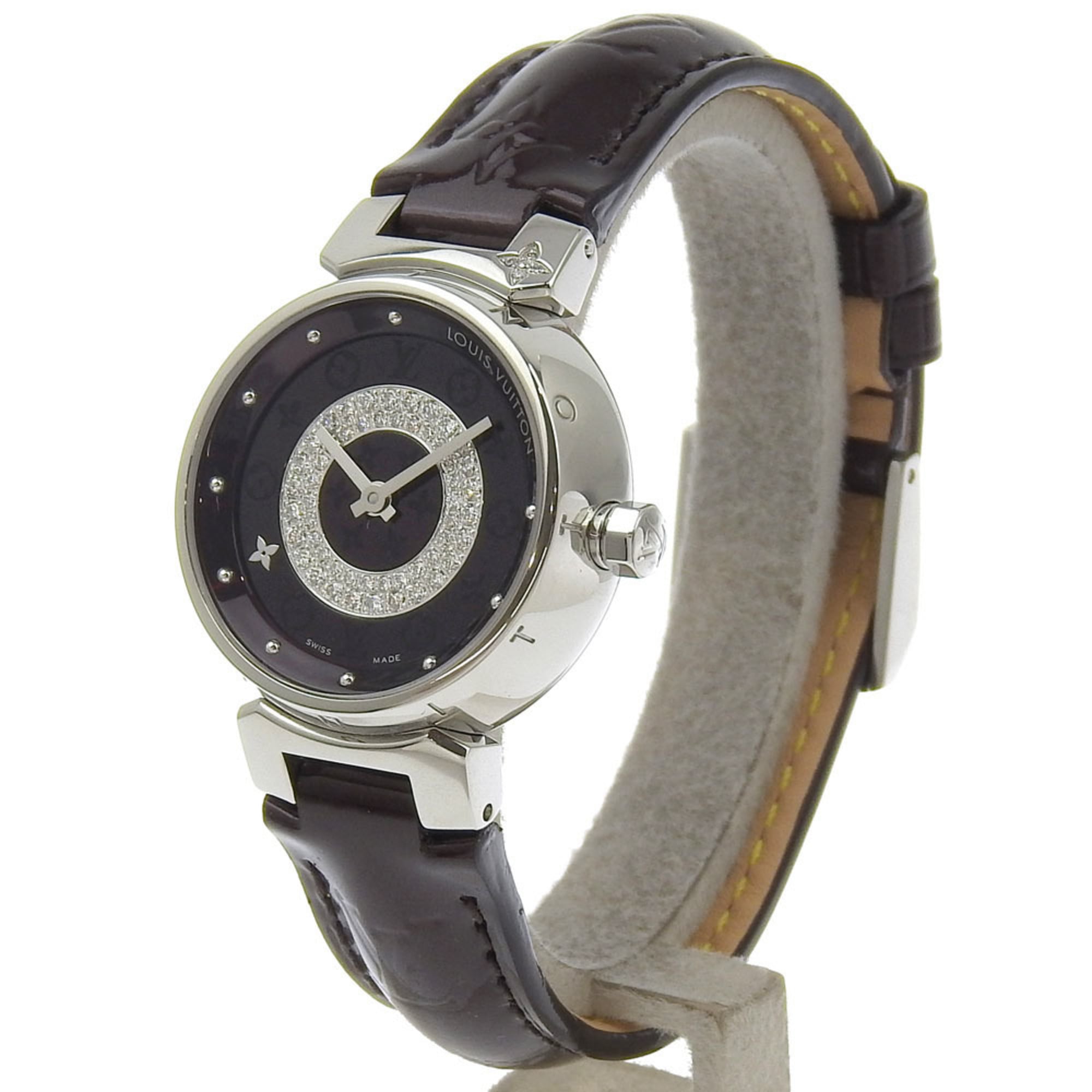 Louis Vuitton Tambour Watch Disc Diamant Amarante Q121U Stainless Steel x Monogram Vernis Diamond Quartz Analog Display Amarant Dial Women's