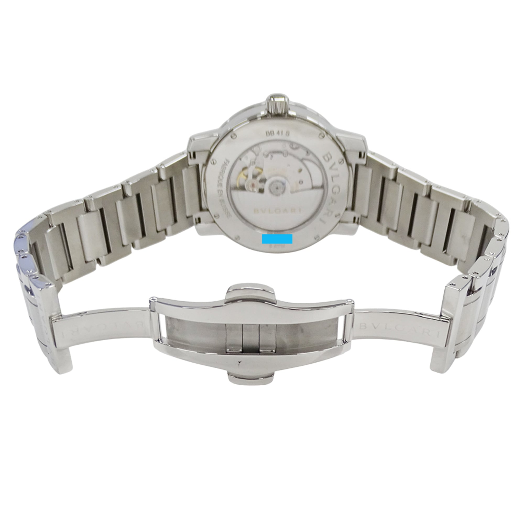 Montre Pour Hommes Bulgari BVLGARI, marque : Date Automatique AT, acier inoxydable, SS BB41S, argent Noir fond ouvert