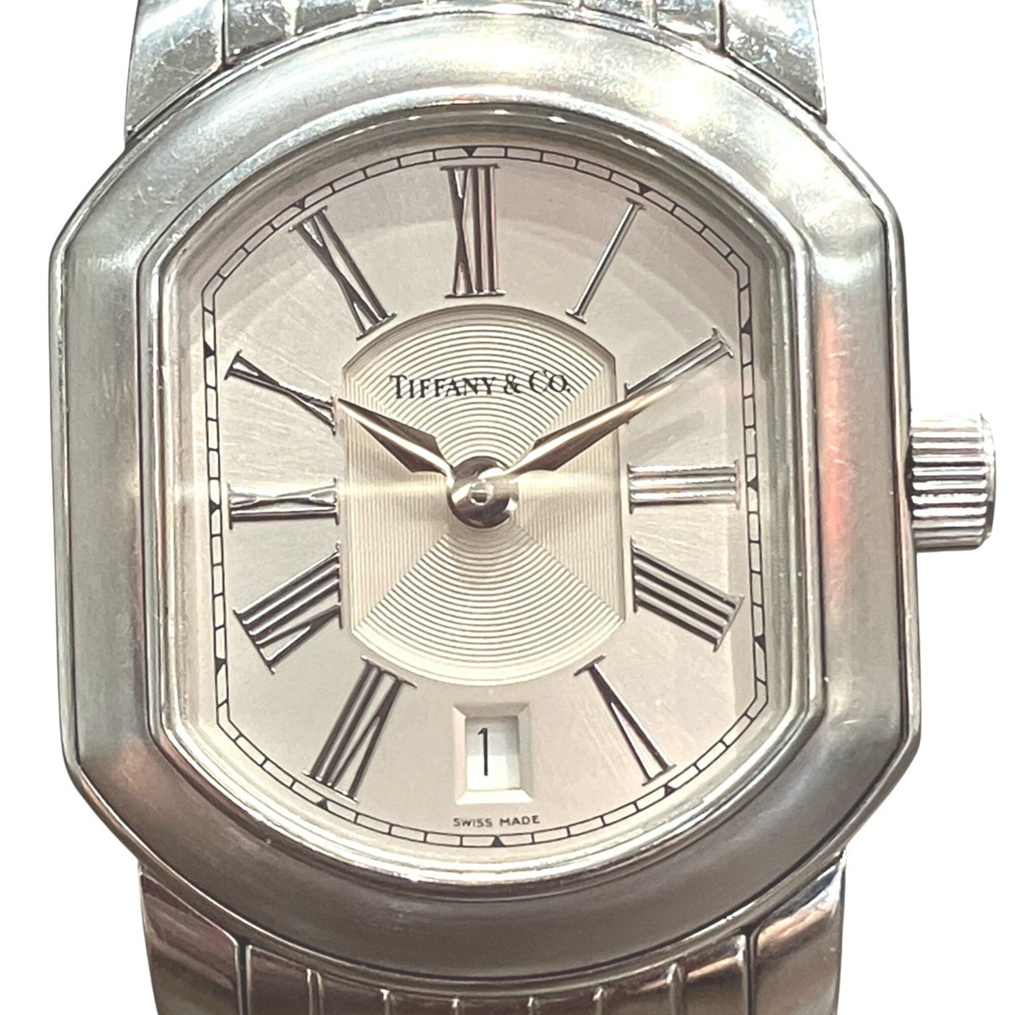 Tiffany & Co. Mark Coupe Date watch, total weight 58.2g, stainless steel, quartz movement, silver dial.