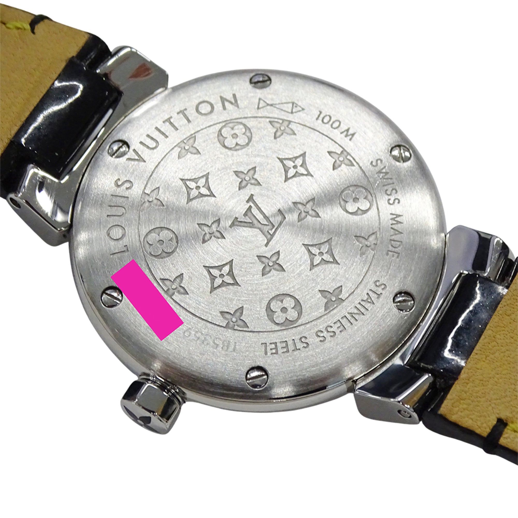 Louis Vuitton LOUIS VUITTON Montre pour femme Tambour Forever Diamond Quartz QZ Acier inoxydable SS Cuir Q12M5 Argent Noir