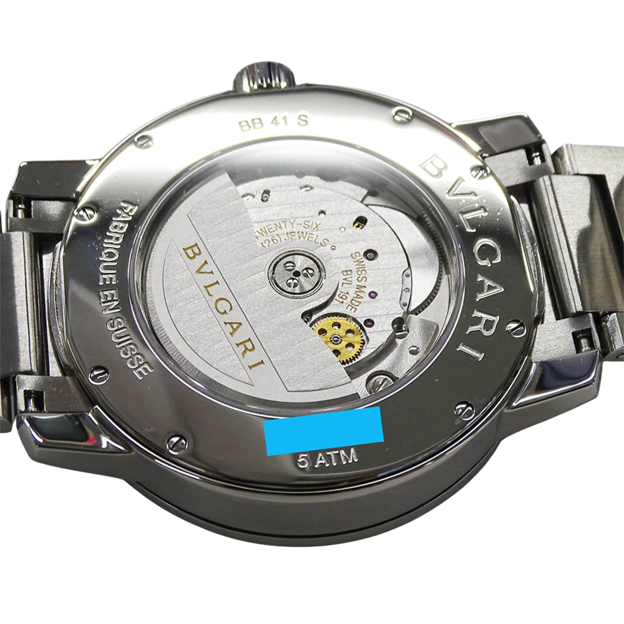 Montre Pour Hommes Bulgari BVLGARI, marque : Date Automatique AT, acier inoxydable, SS BB41S, argent Noir fond ouvert