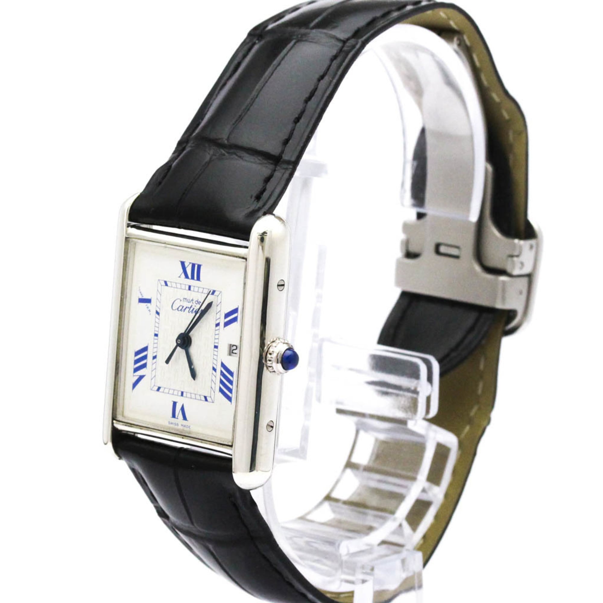 CARTIER Must Tank Steel Leather Quartz Mens Watch W1014154 Polished