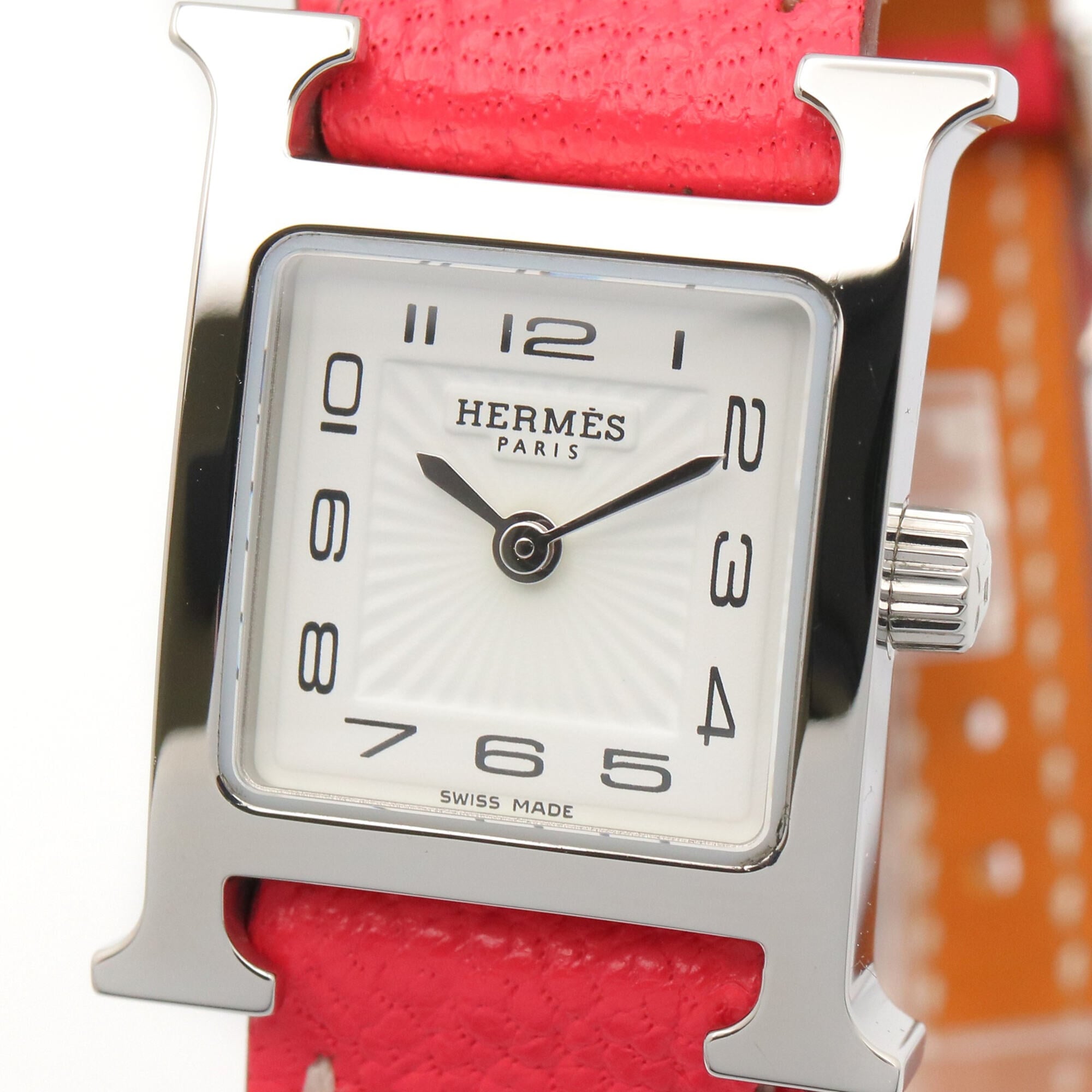 Montre-bracelet Hermès H-Watch Mini Double Tour, acier inoxydable, bracelet en cuir, pour femme, Blanc (HH1.110)