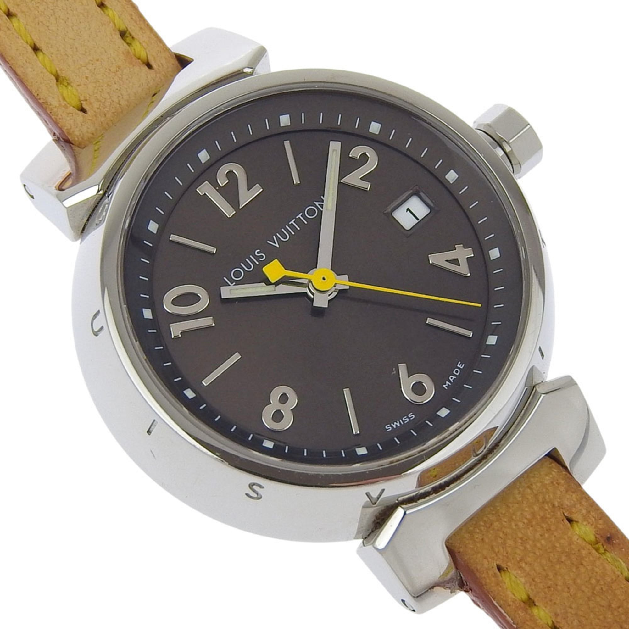 Louis Vuitton Tambour-horloge Q1211, roestvrij staal en leer, quartz uurwerk, analoge wijzerplaat, bruine wijzerplaat, damesmodel