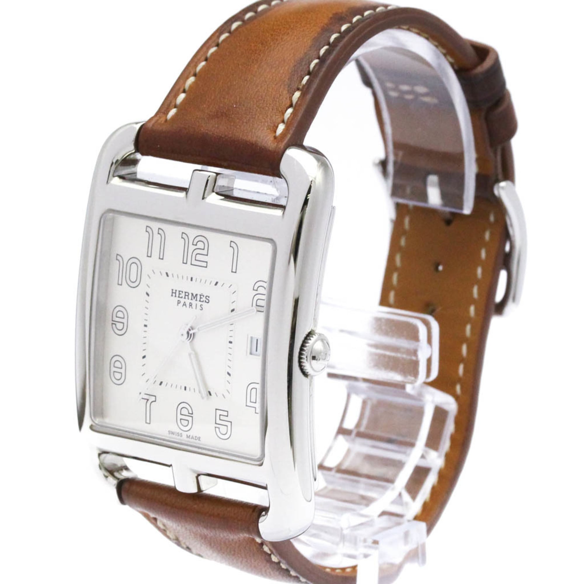 HERMES Cape Cod Steel Leather Quartz Mens Watch CC1.810 Polished