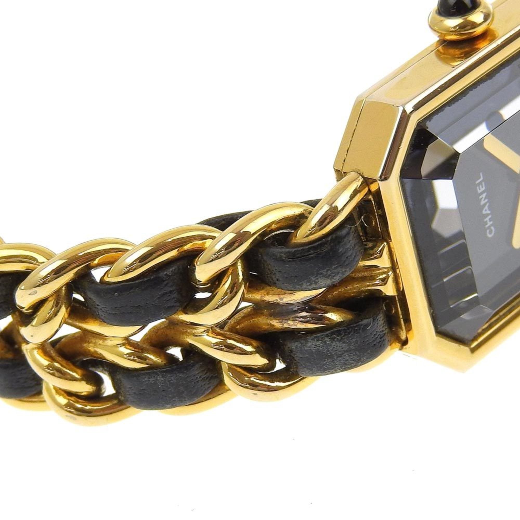 CHANEL Premiere L Uhr, Vergoldet x Leder, Quarz, analoge Anzeige, Schwarz Zifferblatt, L, Damenuhr