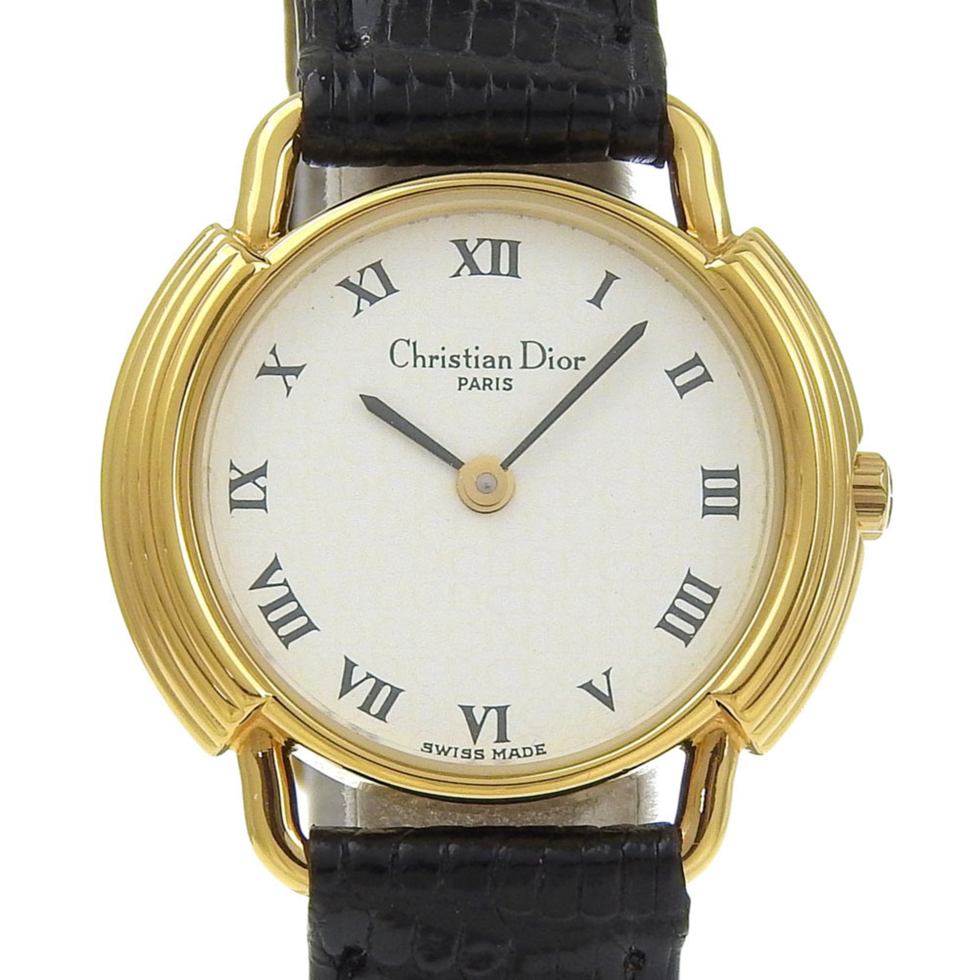 Christian Dior watch, model 58.121.2, gold-plated leather strap, gold quartz, analog, white dial, women's.