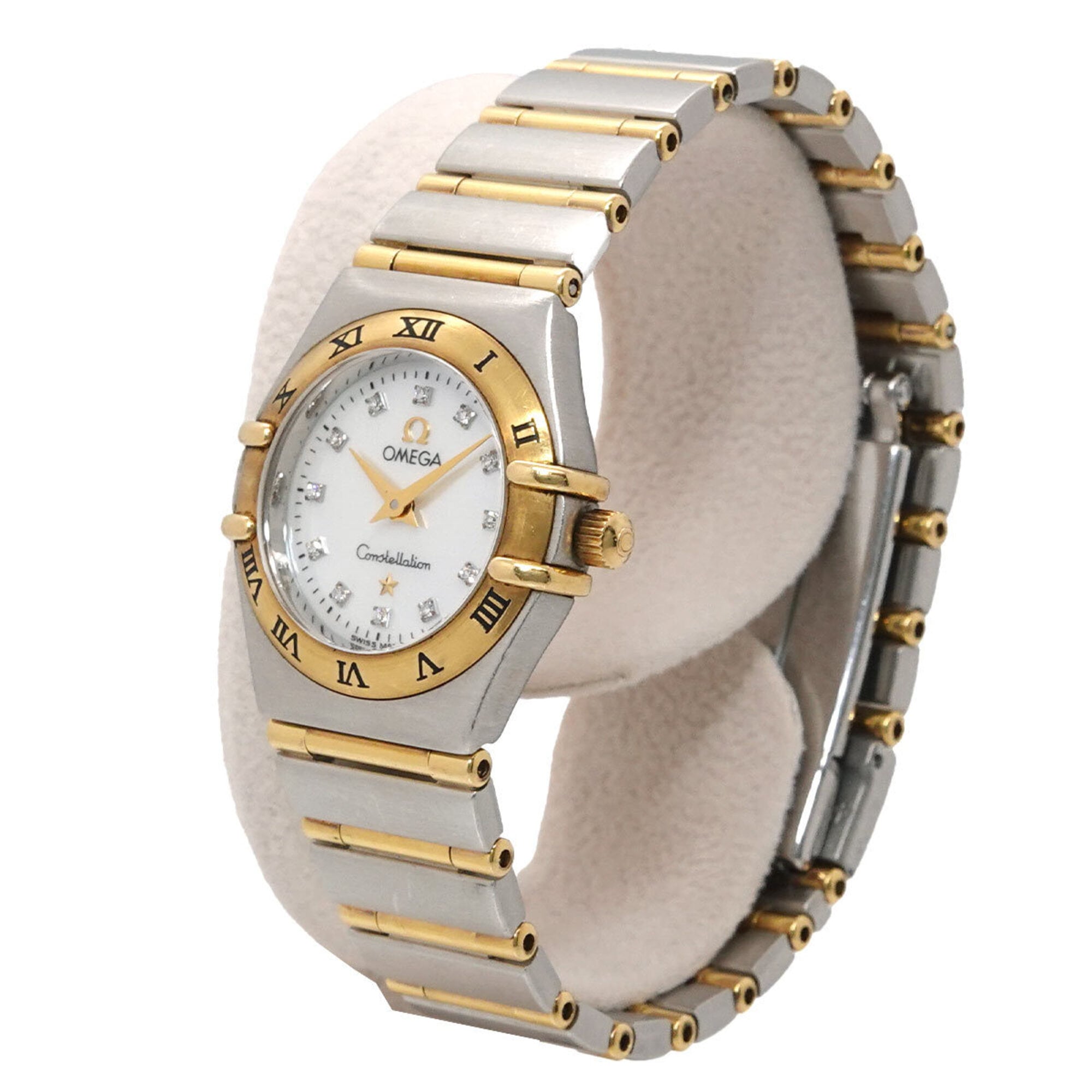 Omega Constellation Mini Combination 1262 75 Ladies' with 12 Diamonds White Shell Yellow Gold Quartz Movement