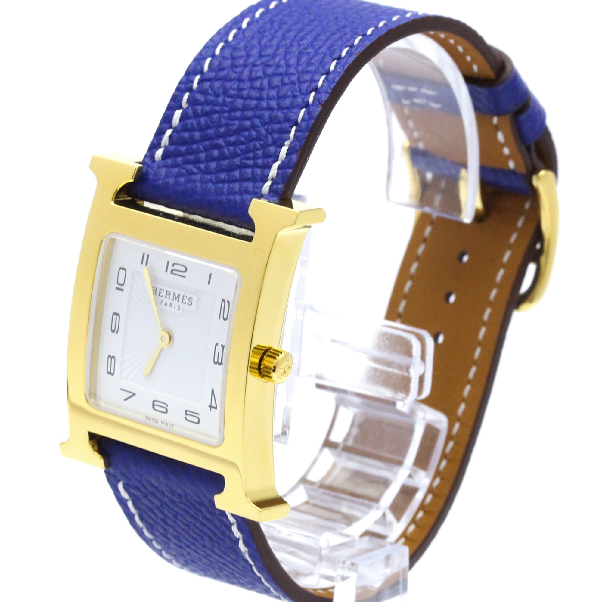 HERMES H Watch Gold Plated Leather Quartz Mens Watch HH1.510