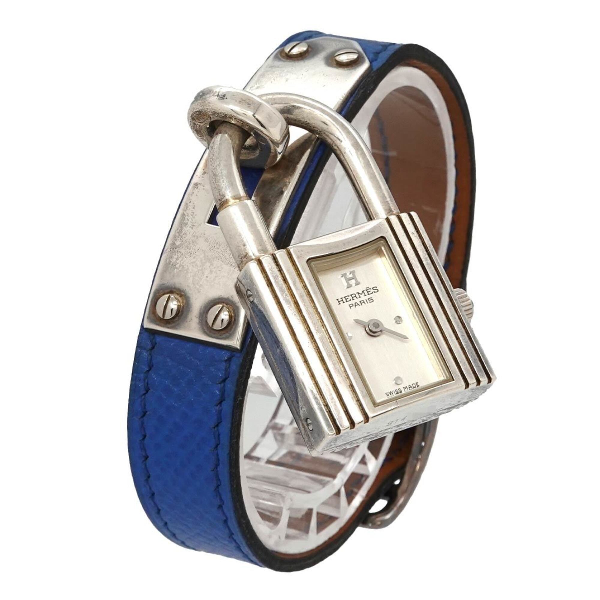 Hermes Kelly Watch, Ladies' Wristwatch, Silver SV925, Blue Leather Strap, Quartz Padlock.