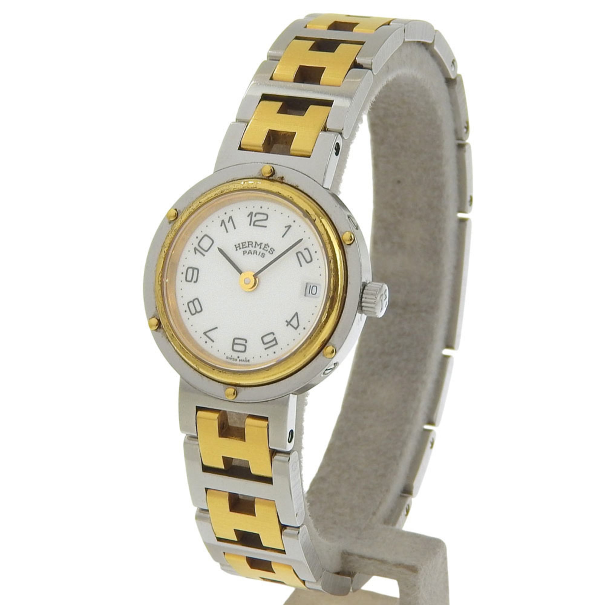Hermes Clipper watch, stainless steel, quartz, analog display, white dial, women's.