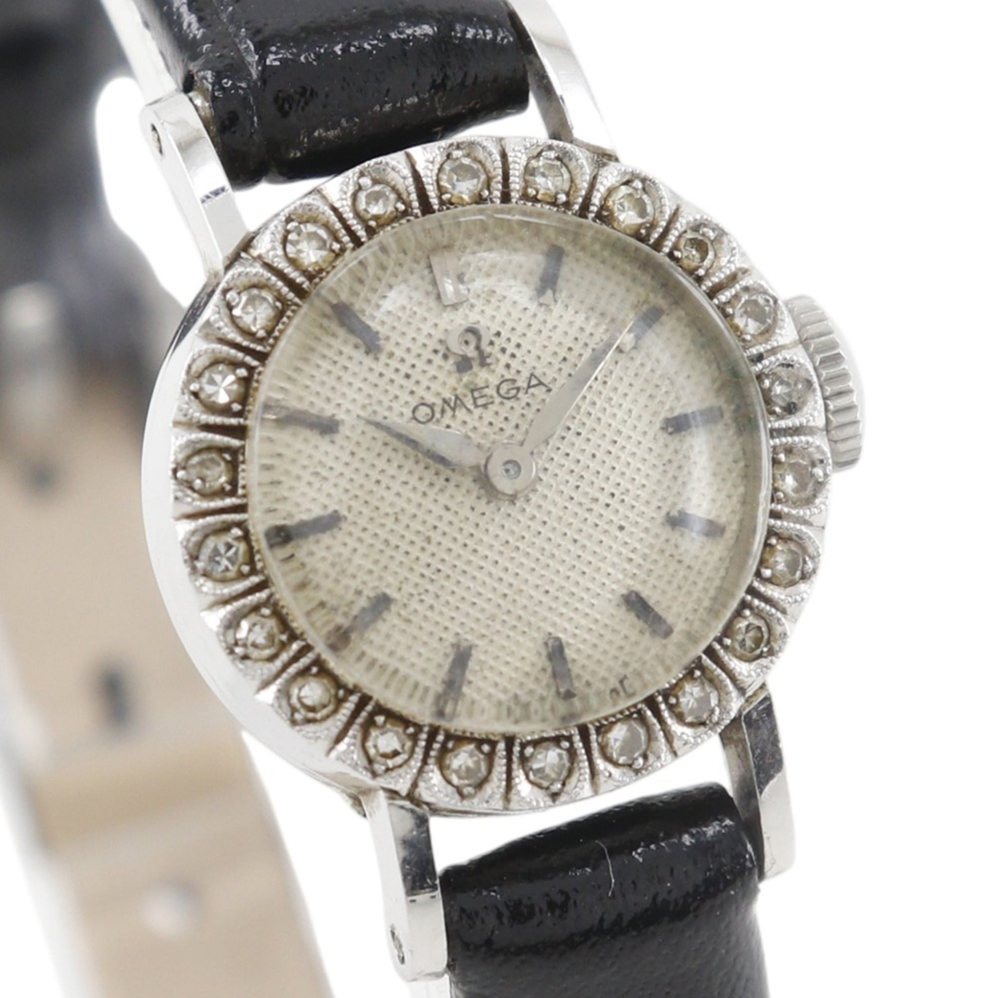 OMEGA-Antik-Uhr, Kal. 481, Platin, Diamanten, geprägtes Leder, Handaufzug, analoge Anzeige, Weiß Zifferblatt, Damenuhr