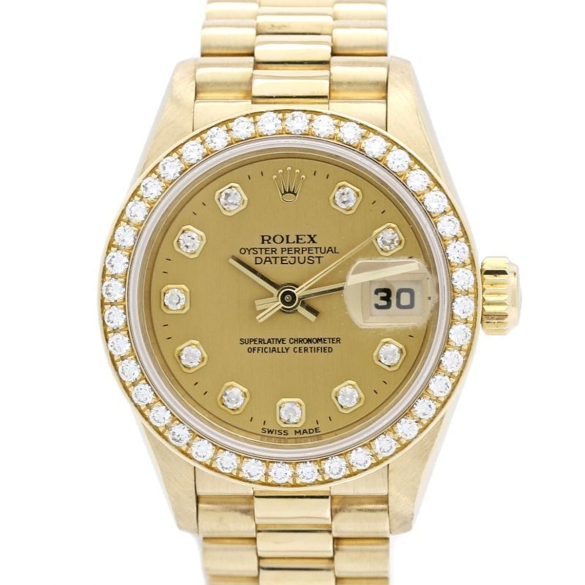 Montre Rolex Datejust avec lunette sertie de 10 diamants, référence 69138G Champagne, cadran de 26 mm