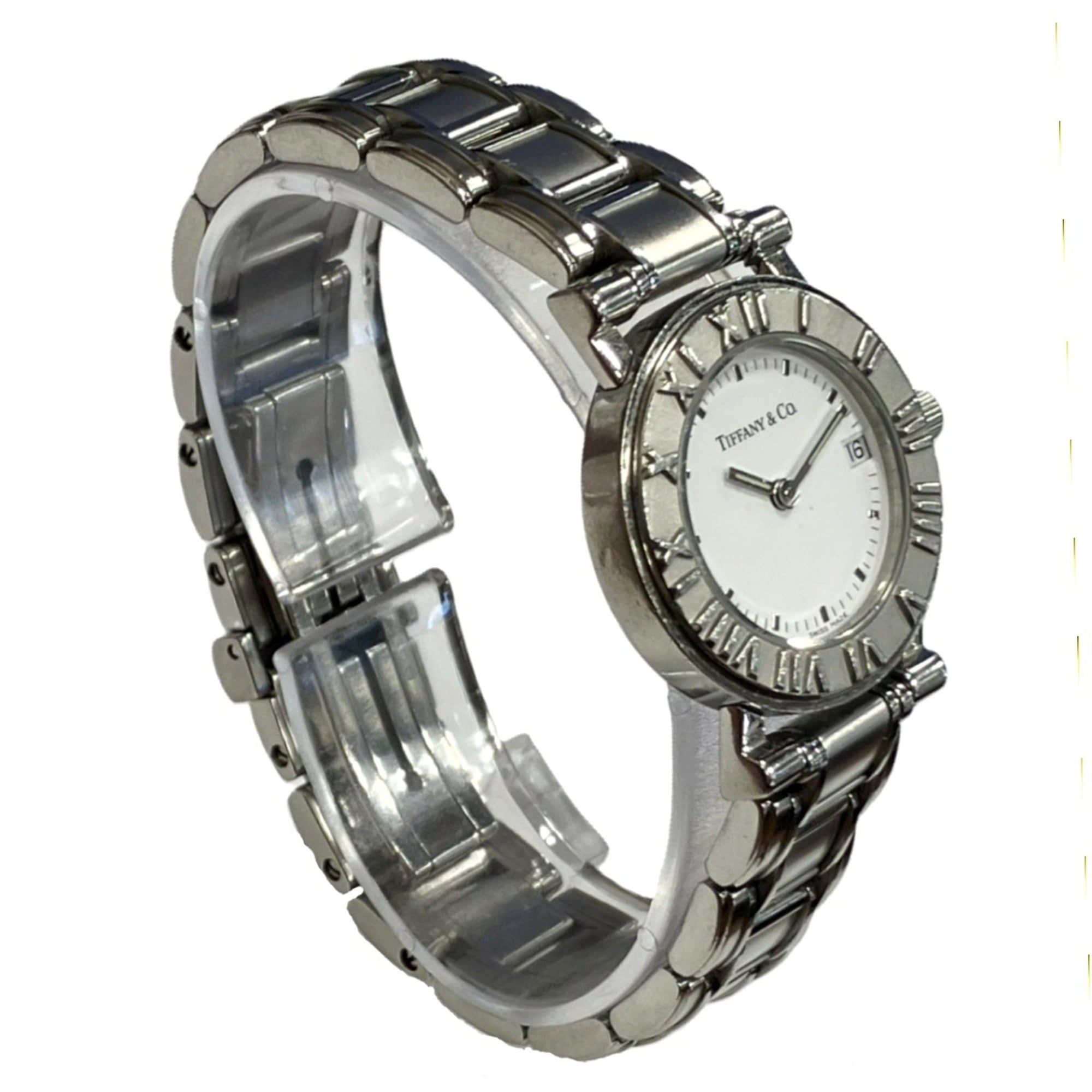 Tiffany & Co. Atlas watch, total weight 53.8g, stainless steel, quartz movement, white dial.