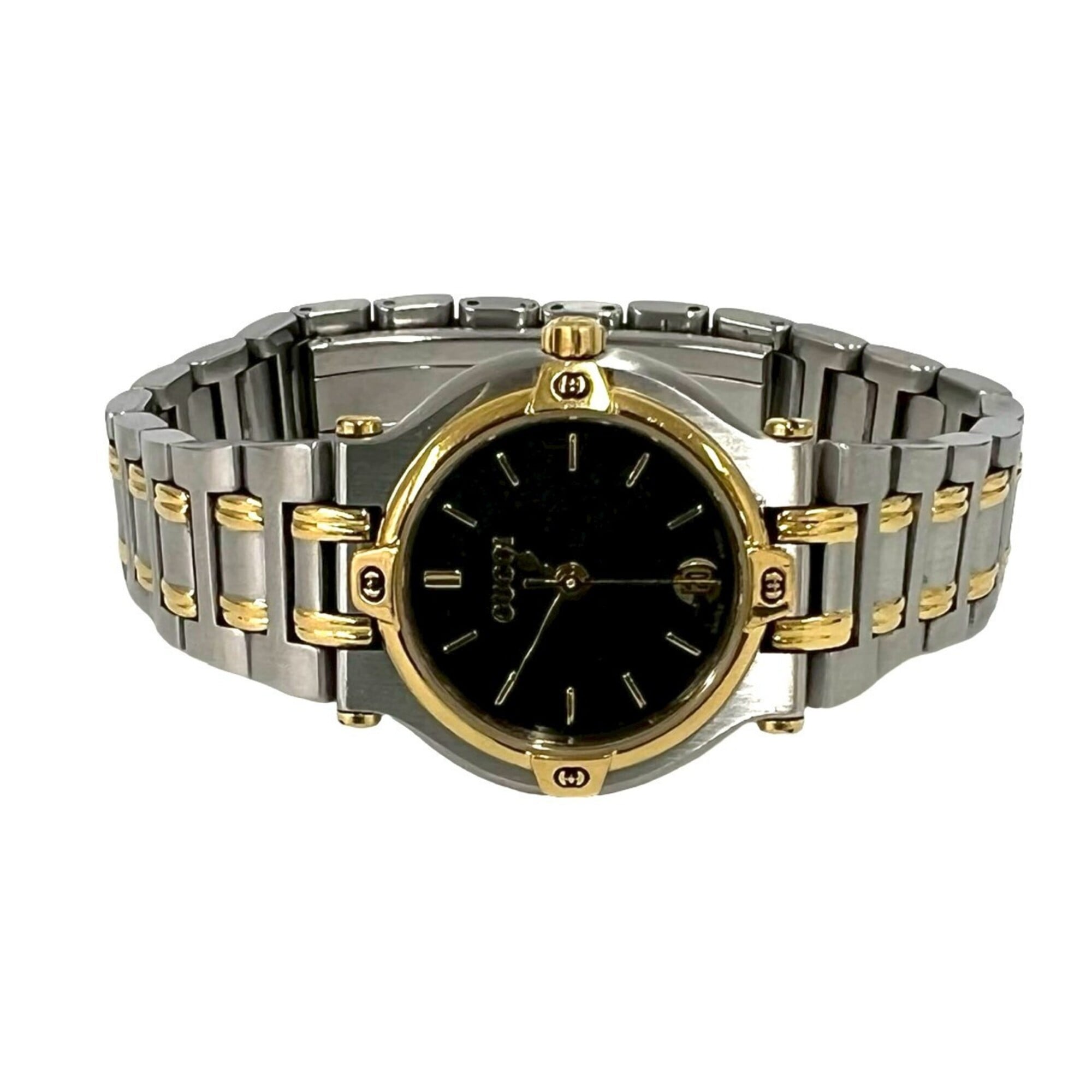 GUCCI 9000L Logo Engraved Stainless Steel Quartz Wrist Silver/Gold 37789