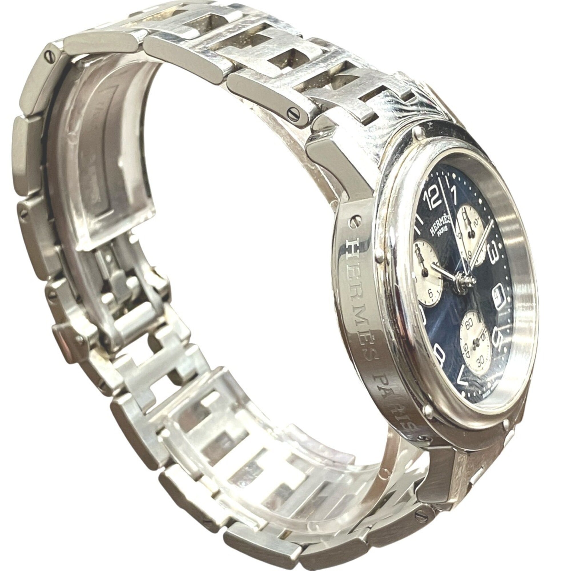 Hermes Clipper watch, total weight 102.4g, stainless steel, quartz movement, navy dial, CL1.910