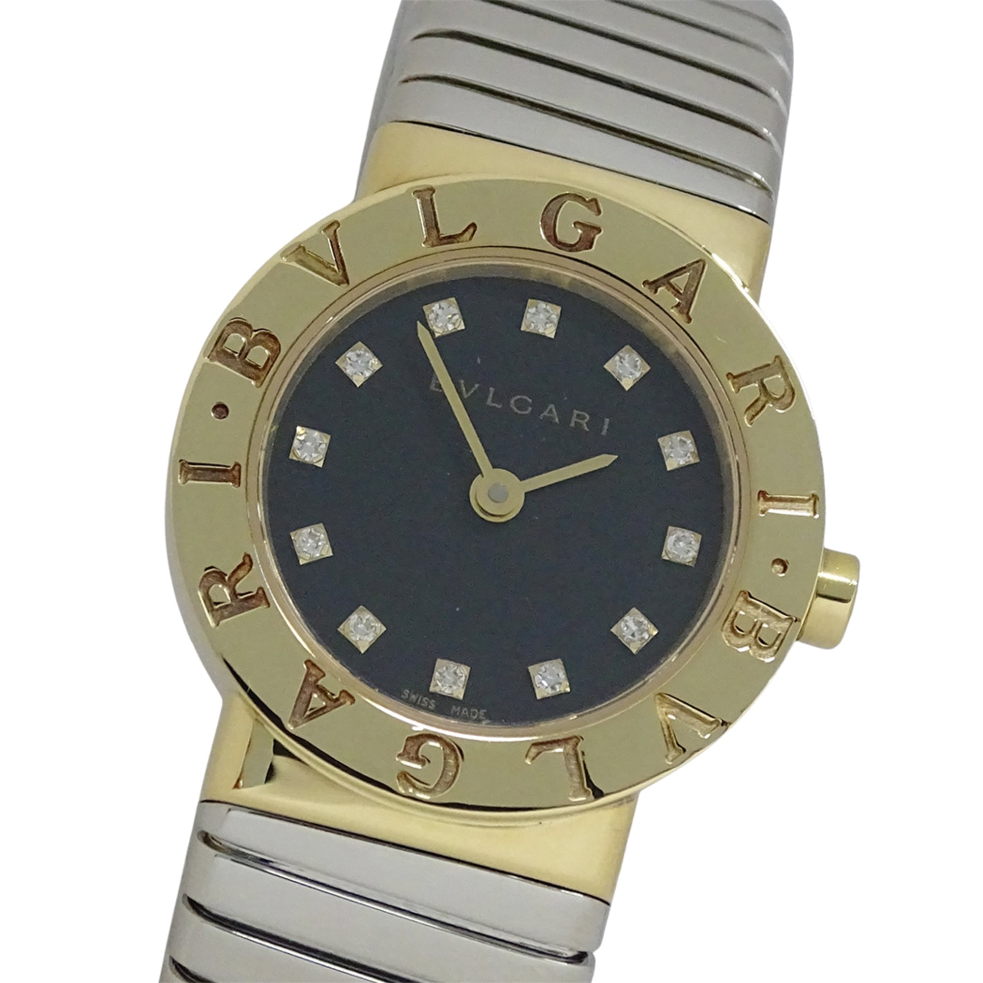 Bulgari BVLGARI Wo Brand: Tubogas 12-Diamond Quartz Movement 750YG (Yellow Gold) and 18K Stainless Steel (SS) Size L Bangle Round. (BB232T)