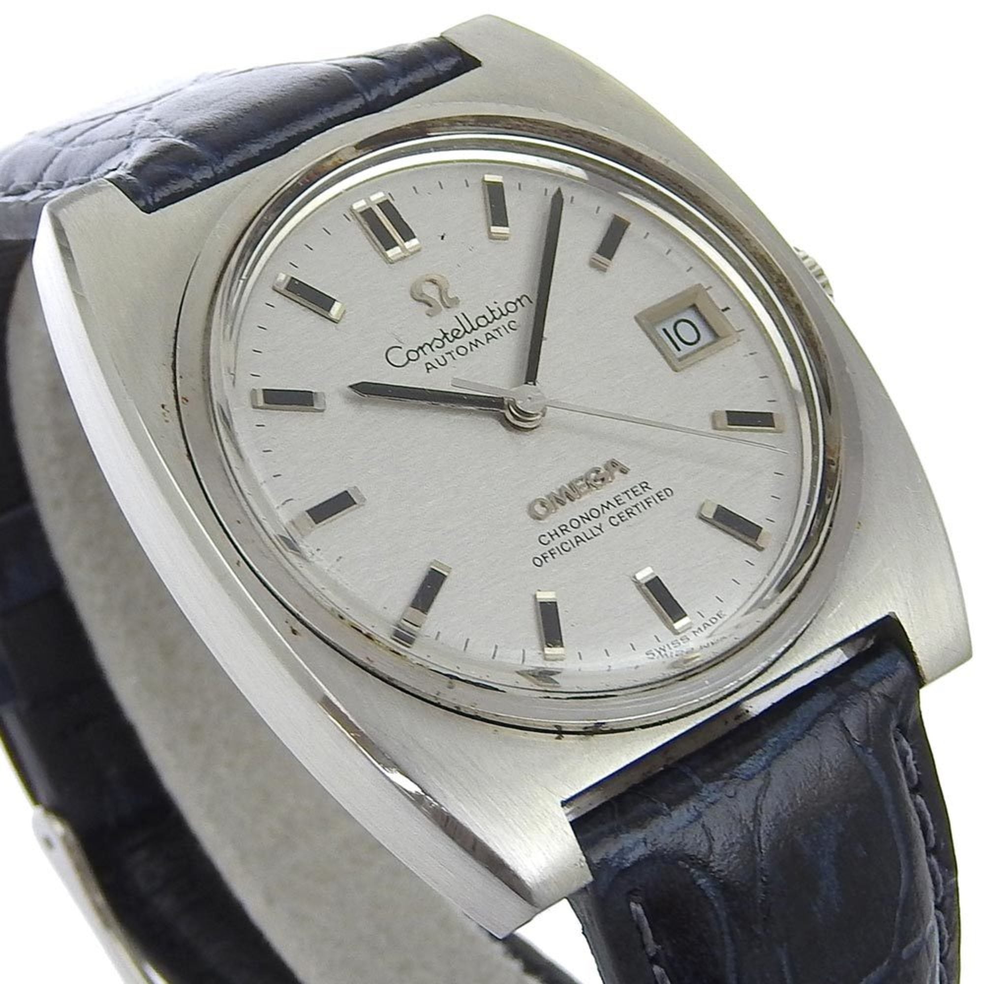 Montre OMEGA ConstellationChronomètre, calibre 1001, acier inoxydable et cuir gaufréAutomatique cadran argenté, modèle homme S120924440